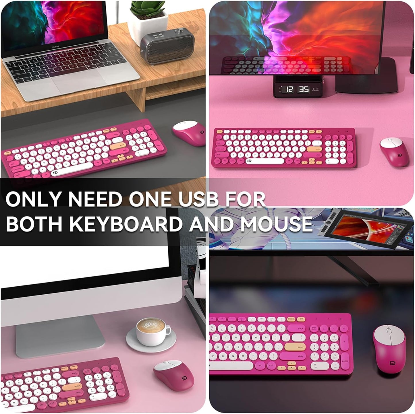 FD Wireless Keyboards and Mouse Combo - 2.4GHz USB Cordless, Cute Wireless Keyboard Round Keys, Quiet and Slim Set for Laptop, Computer, TV and Mac - Strawberry White Colorful