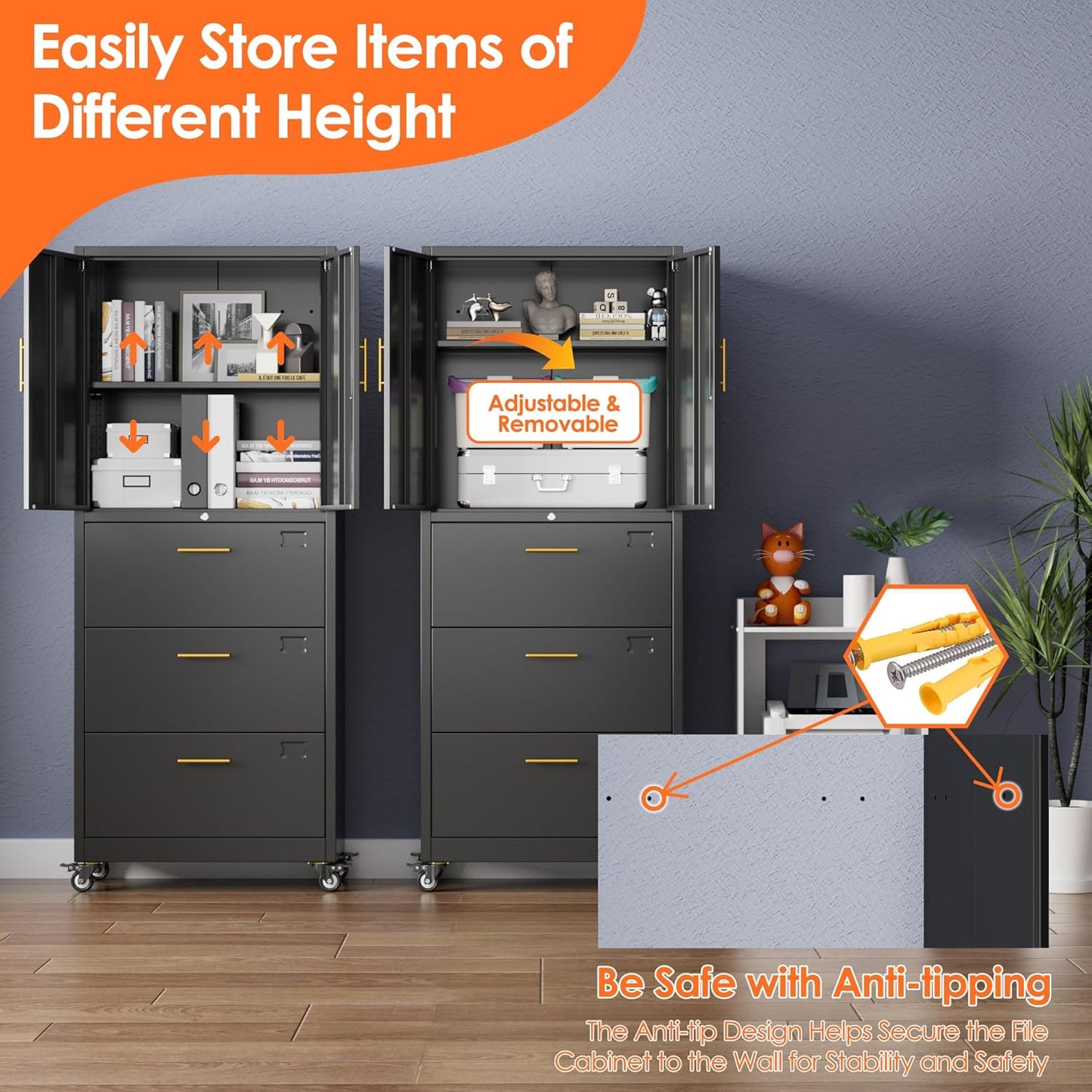 Aobabo Metal 3 Drawers Lateral File Storage Cabinet and Unit Adjustable Shelf Organizer, Steel Files Cabinet with Wheels, 2 Door Storage for Office Legal/Letter A4 Size, Assembly Required, Black