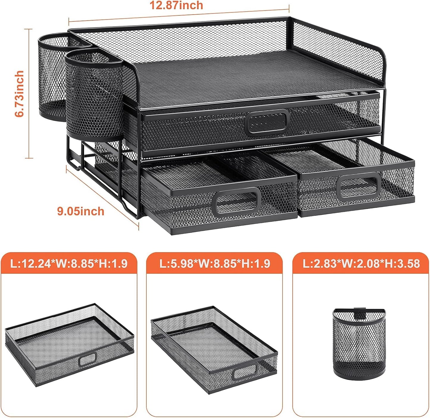 Marbrasse 3 Tier Mesh Desk Organizer with Drawer, Multi-Functional Desk Organizers and Accessories, Paper Letter Organizer with 2 Pen Holder for Home Office Supplies (Black)