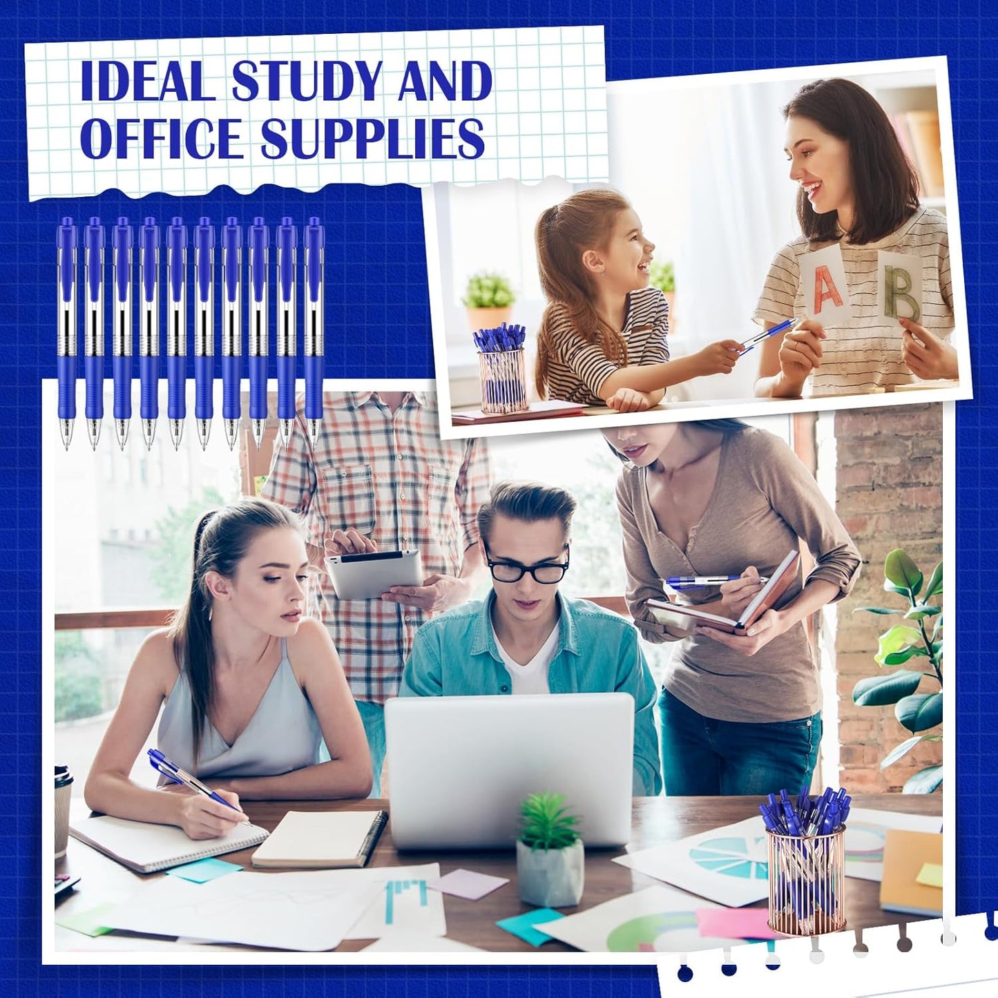 Fulmoon 100 Pcs Gel Ink Pens Retractable Ballpoint Medium Point 1.0 mm Ballpoint Smooth Writing Click Pens for Journal Writing Office Home(Blue Ink)