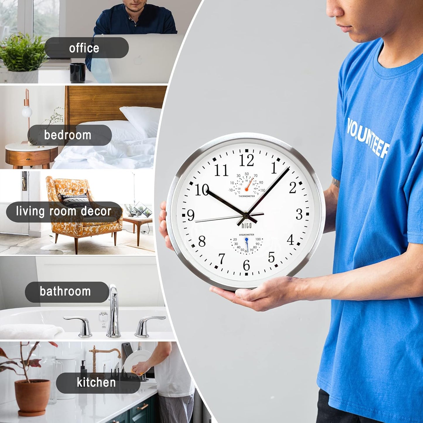 HITO 12 Inch Silent Wall Clock Battery Operated Non Ticking Glass Cover Silver Aluminum Frame, for Living Room Decor, Kitchen, Bedroom, Home Office (12" White)