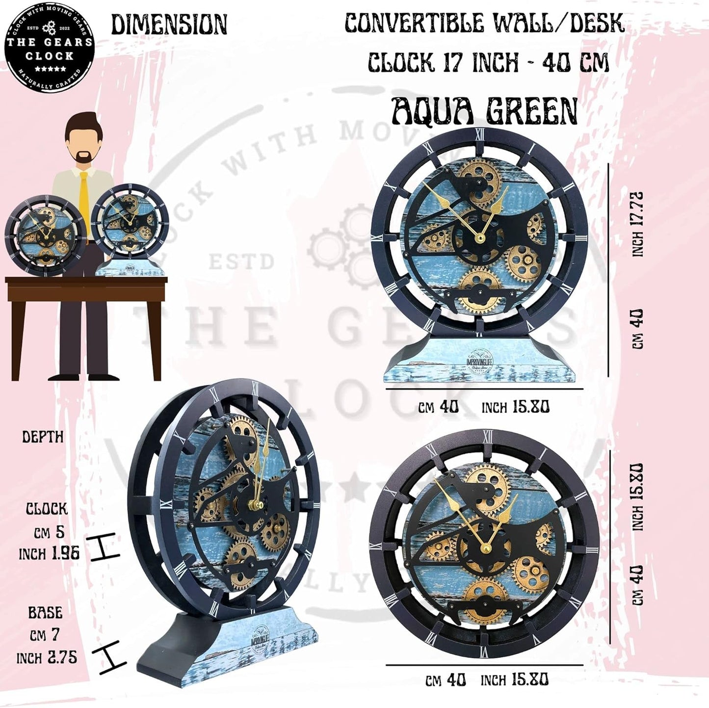 The Gears Clock 16 inches Wall Clock with Real Moving Gears Convertible into a Big Mantel Clock (Aqua Green)