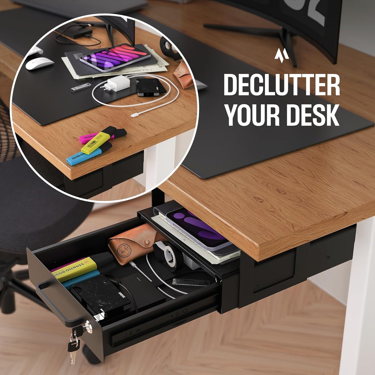 Under Desk Drawer Slide-Out – Lockable Metal Storage Drawer with Cable Management for Office & Home (Single, Non-Bracketed)