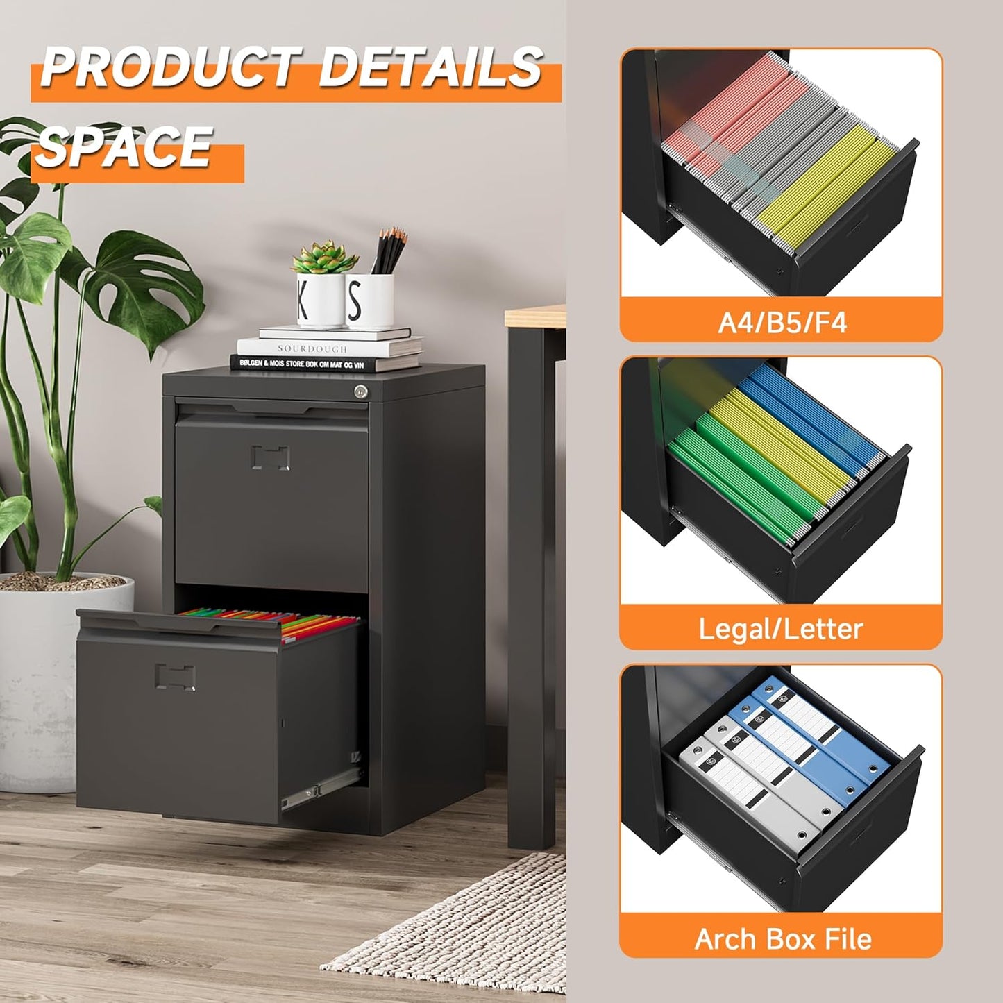 2 Drawer File Cabinet, Metal Vertical File Cabinets with Lock for Home Office, Locking File Cabinet Hanging Files for A4/ Legal/Letter, Assembly Required (Black, 2 Drawer - 15" W)