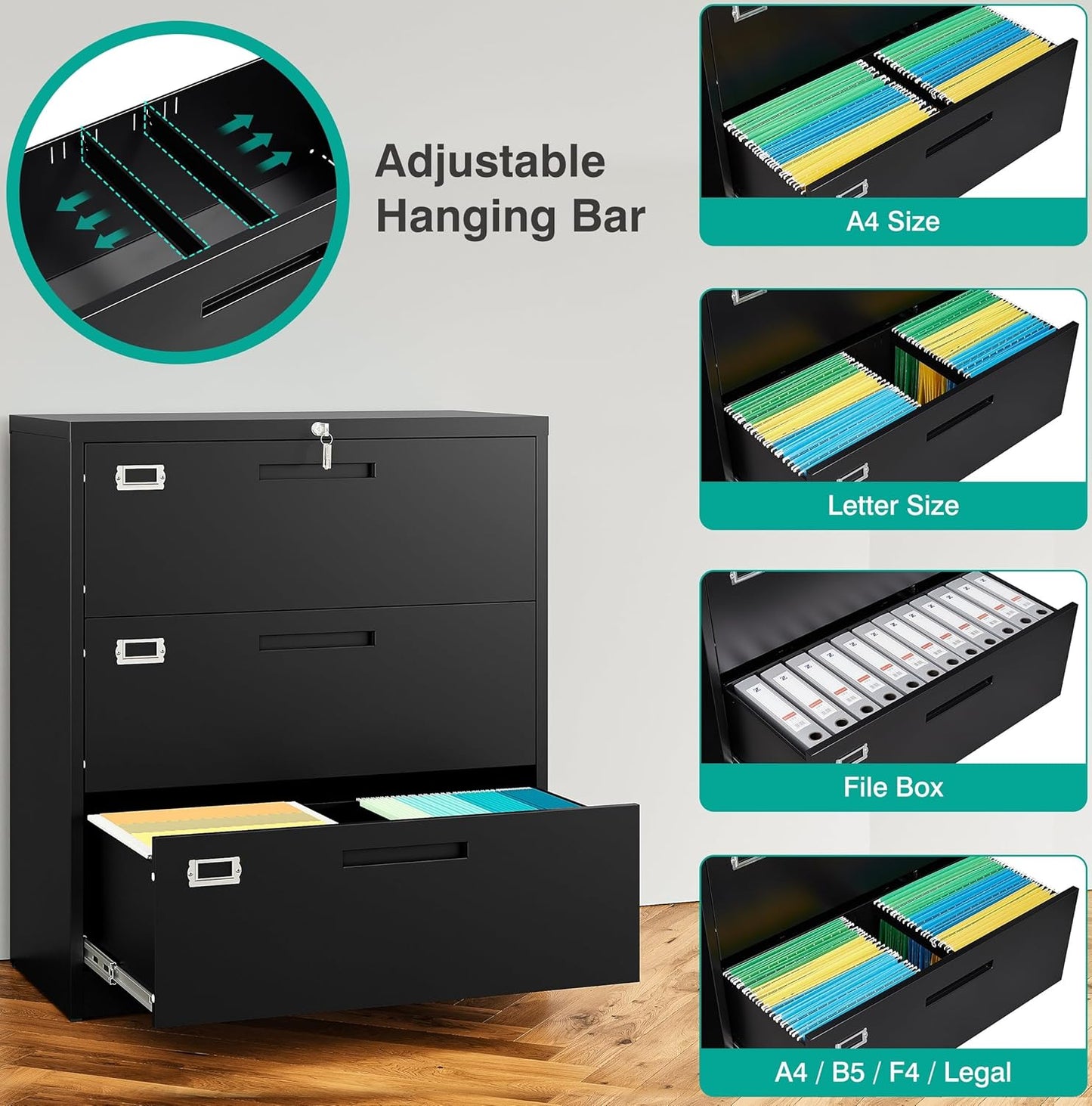 SISESOL 3 Drawer Lateral File Cabinet with Lock,Black Lateral Filing Cabinet,Horizontal Metal Filing Cabinets,Locked Wide Three Drawer File Cabinets for Office Home,Fit A4/F4/Letter/Legal File