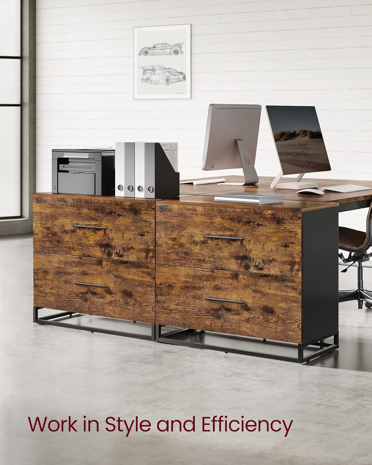 VASAGLE Lateral File Cabinet, Home Office Printer Stand, 2-Drawer Filing Cabinet, with Anti-tip Interlocking Mechanism, for A4, Letter-Size, Legal-Size Hanging Files, Rustic Brown and Ink Black