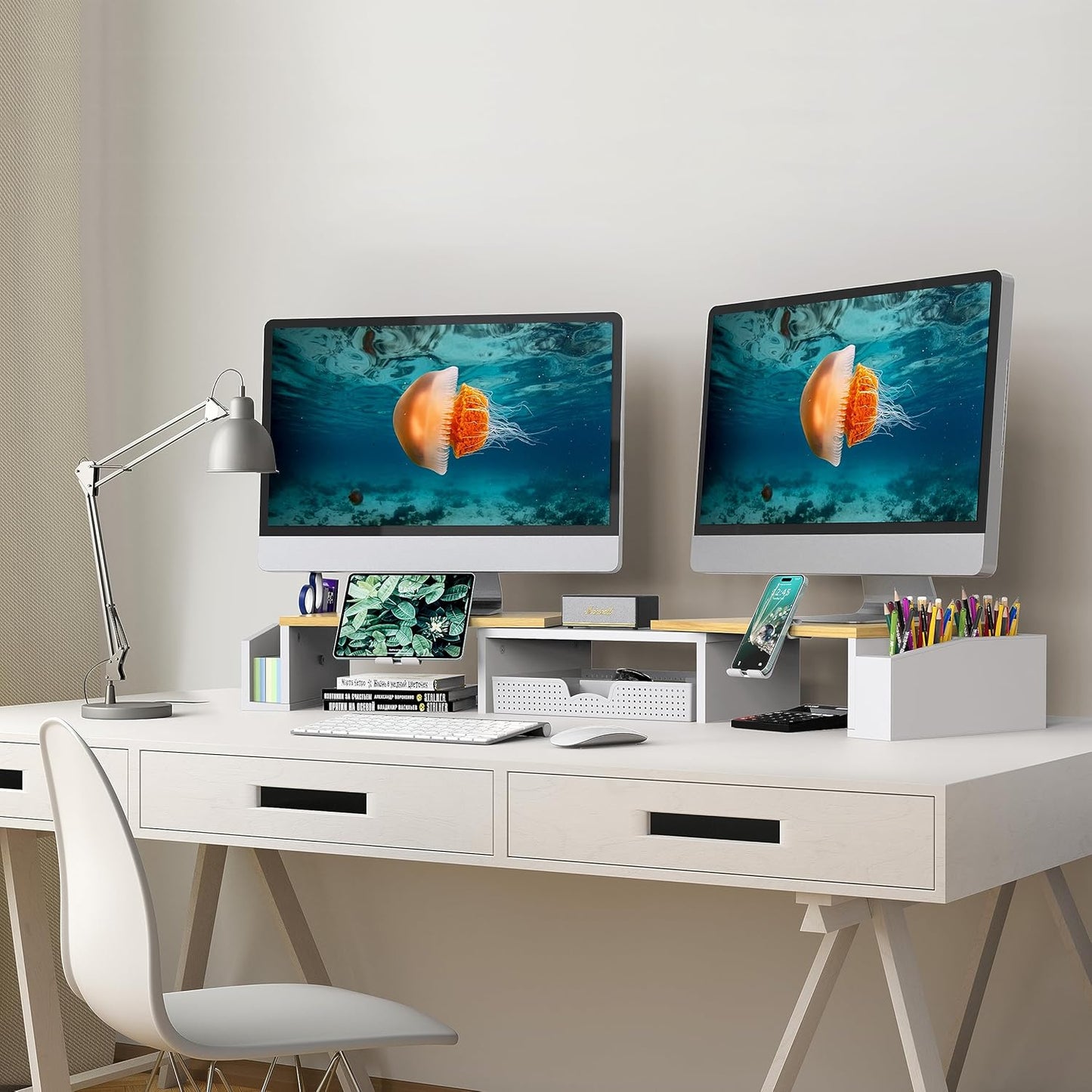 Simple Houseware Desk Dual Monitor Stand Riser with Drawer, Oak