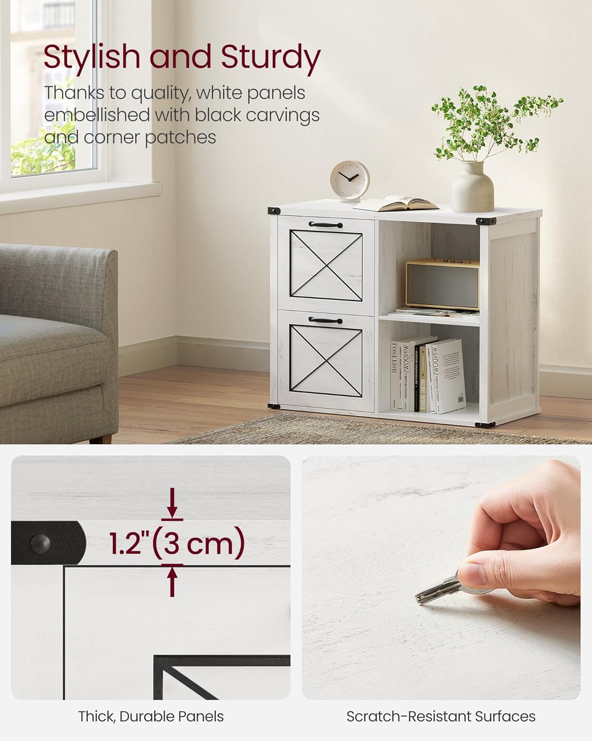 VASAGLE Lateral File Cabinet, Filing Cabinet with 2 Drawers, Printer Stand, 2 Open Compartments, Fit A4, Letter Size, Hanging File Folders, for Home Office, Farmhouse Style, Rustic White UOFC049T73