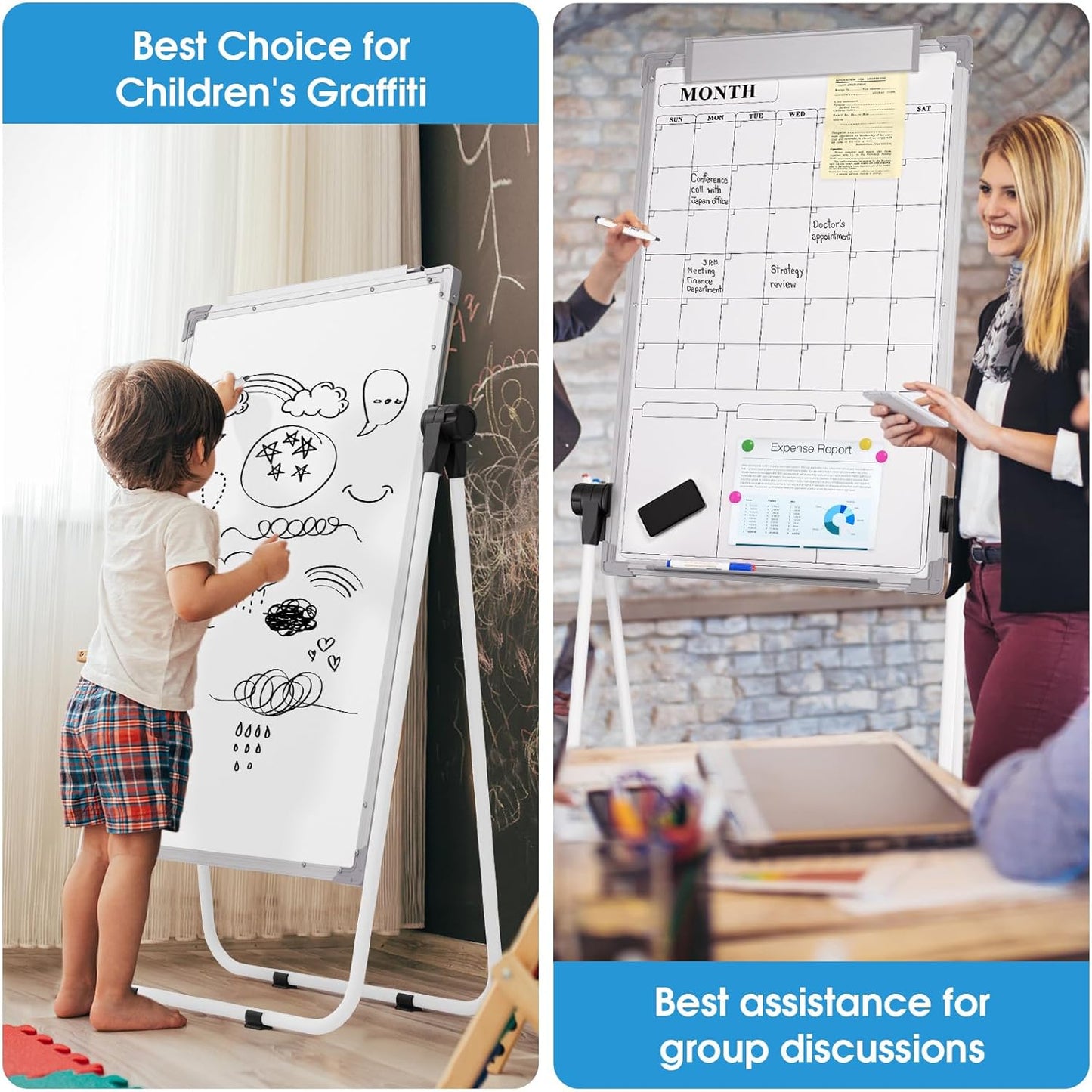 MaxGear Large Monthly White Board Stand with Calendar, 36" x 24" Double Sided Dry Erase Board Easel for School Classroom, Home Office Stand Flip Chart Height Adjustable