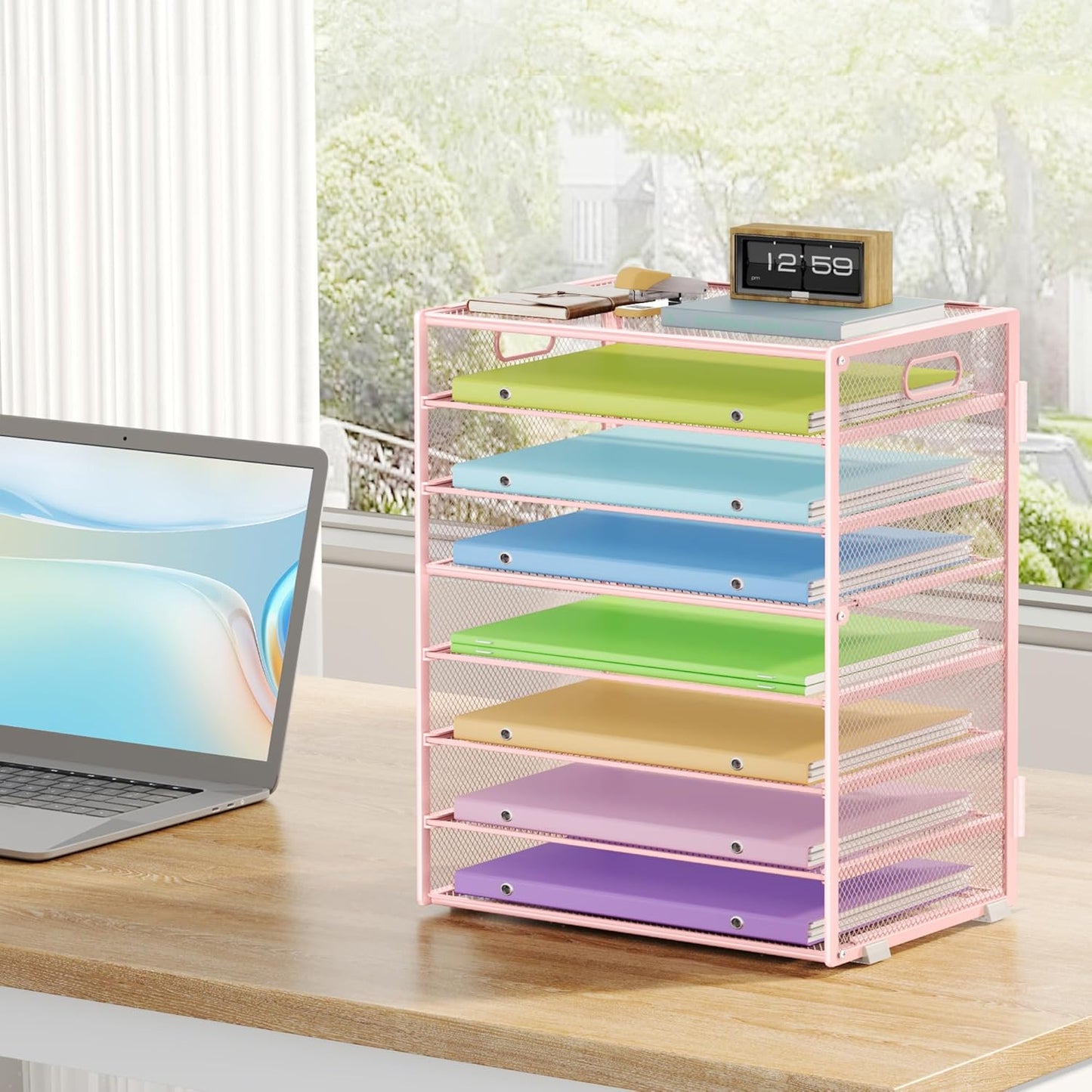 8 Tier Paper Organizer with Handle, Metal Mesh Desk File Organizer, Large Capacity Desk Organizers Paper Letter Tray Desktop Document Sorter for Office, Home or School - Pink