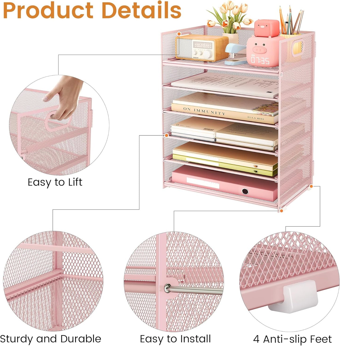 Subekyu 6-Tier Desk Paper Organizer, Desktop File Letter Tray with Handle, Document Sorter and Accessories Holder for Office, Home and School Workspace Organizers, Pink-2 Pack