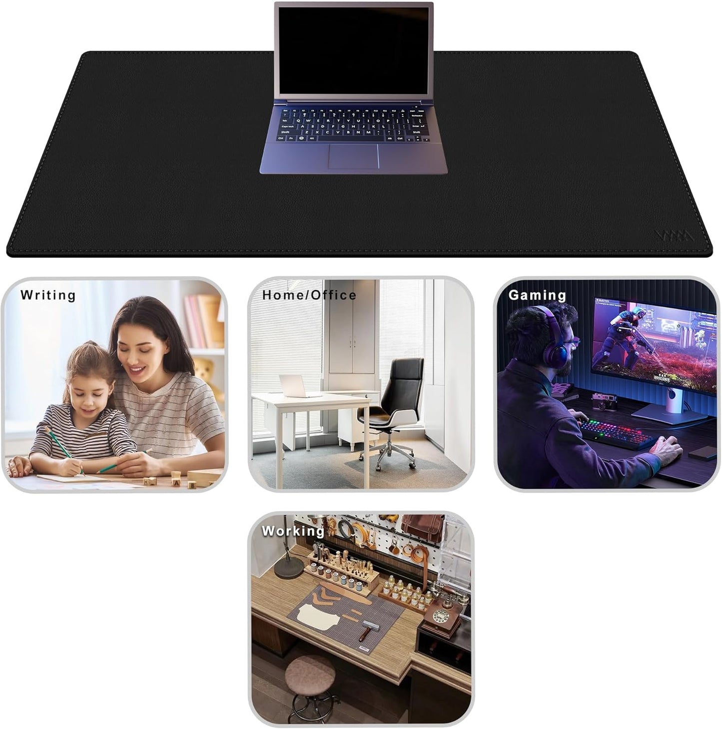 Vyaaa 43.3“ x 19.7” Cork & Leather Desk Mat, Dual Sided PU Leather Desk Pad Protector, Waterproof Non-Slip Extra Large Desk Writing Pad, Laptop Desk Pad, Keyboard Mat for Home or Office (Black)