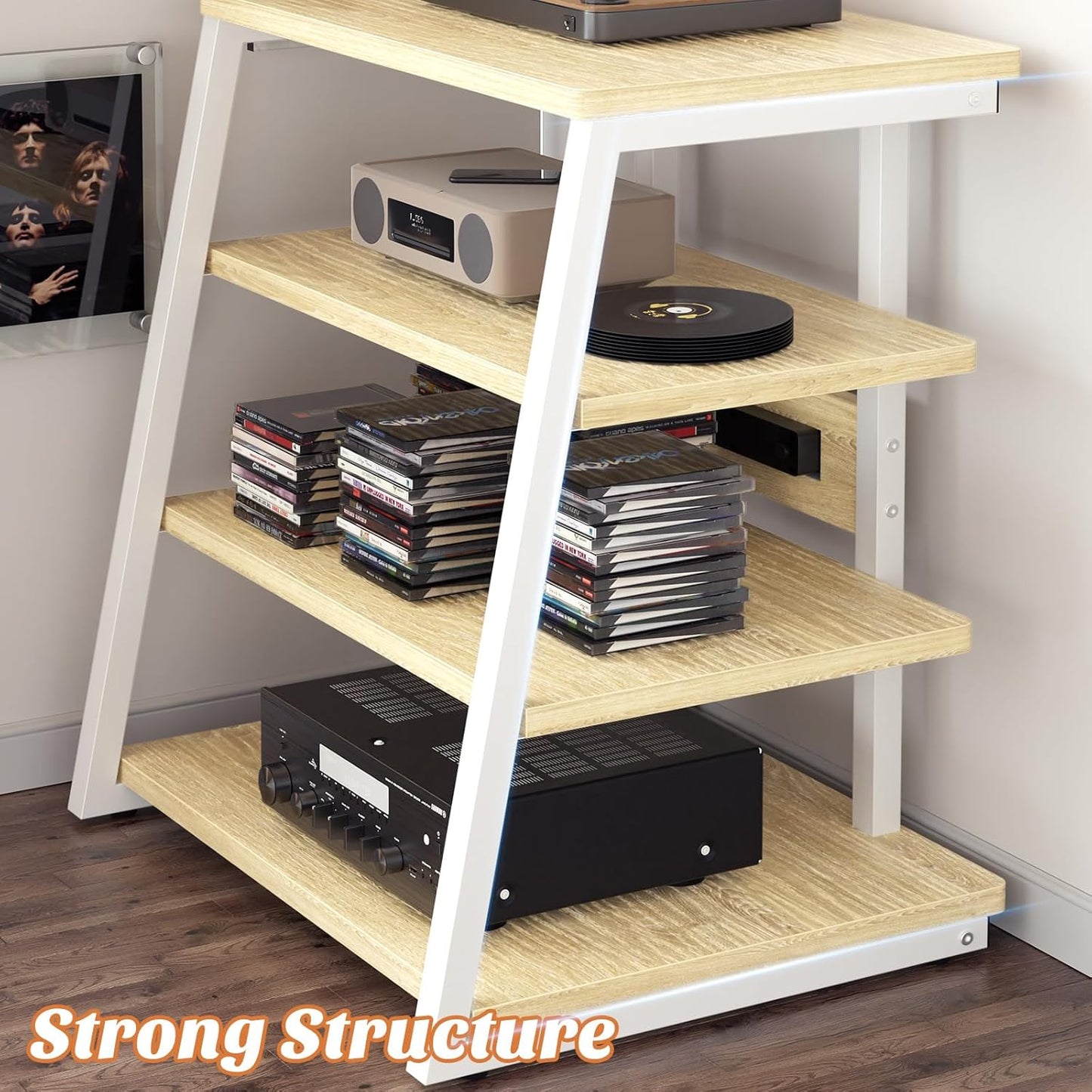 AV Media Stand with Outlets, Media Console with LED Lights, Stereo Racks and Stands with Storage Shelves, Media Audio Tower Cabinet, Natural Oak and White