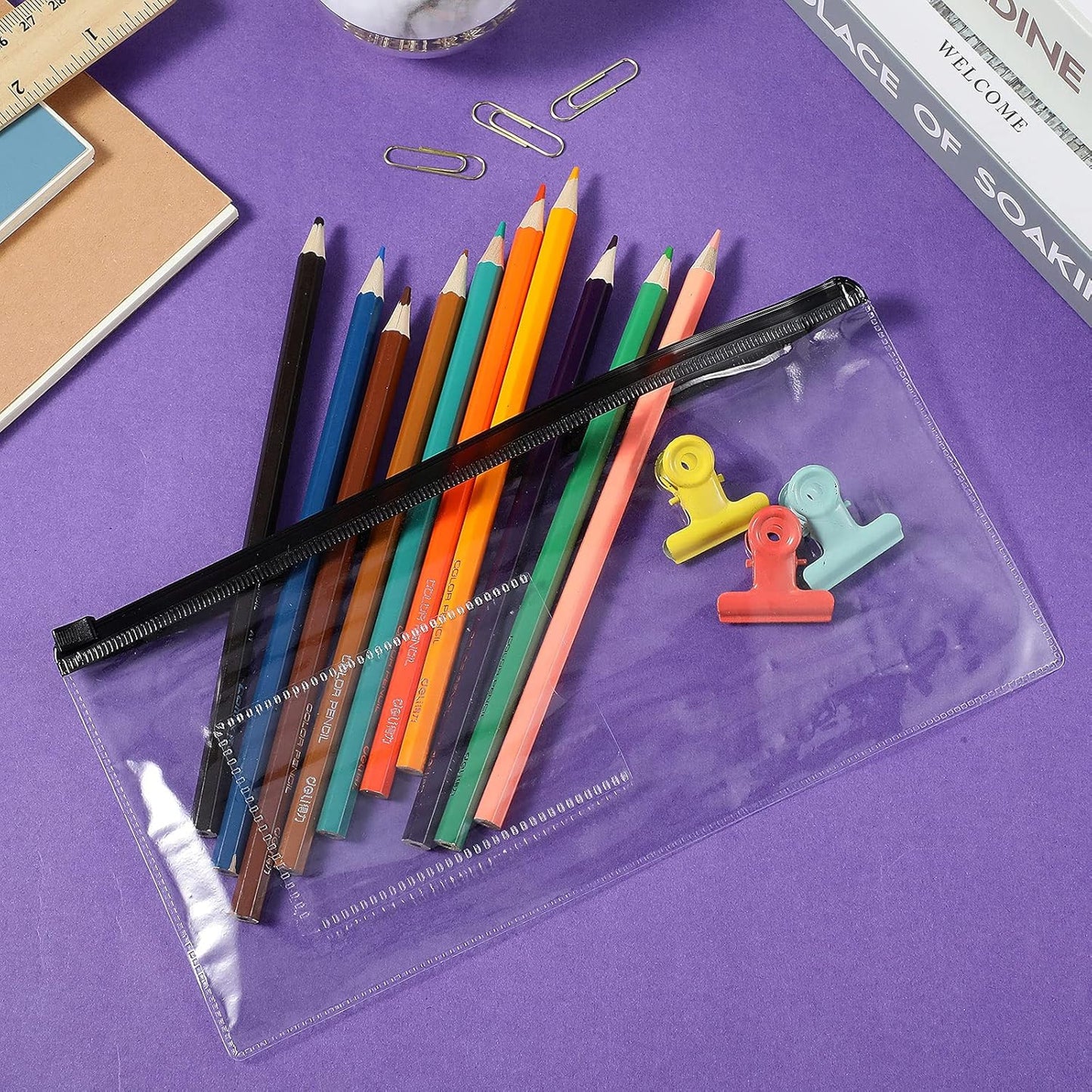 Marspark 100 Pieces Clear Pencil Case Zipper Envelope Bulk with Label Pocket Clear Plastic Envelopes with Zippered, A6 Pencil Bags for Cash, School Office Supplies, 9.2 x 4.7 Inches(Black)