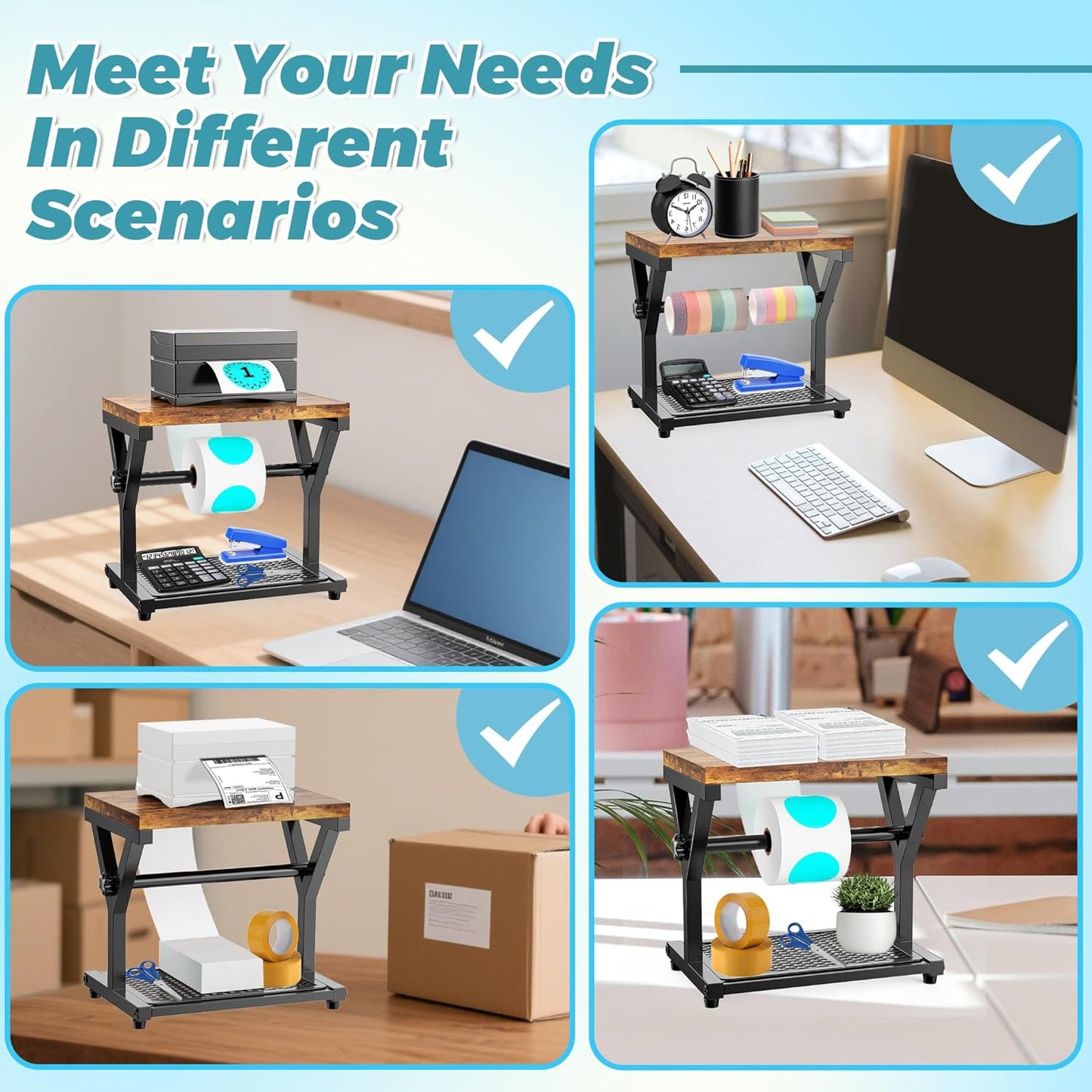 Thermal Label Holder for Rolls and Fanfold Labels, Wooden Sticker Roll Holder for Thermal Printer, YITOBA Desktop Shipping Label Stand Organizer Accessory for Home Office, Small Business (Black)