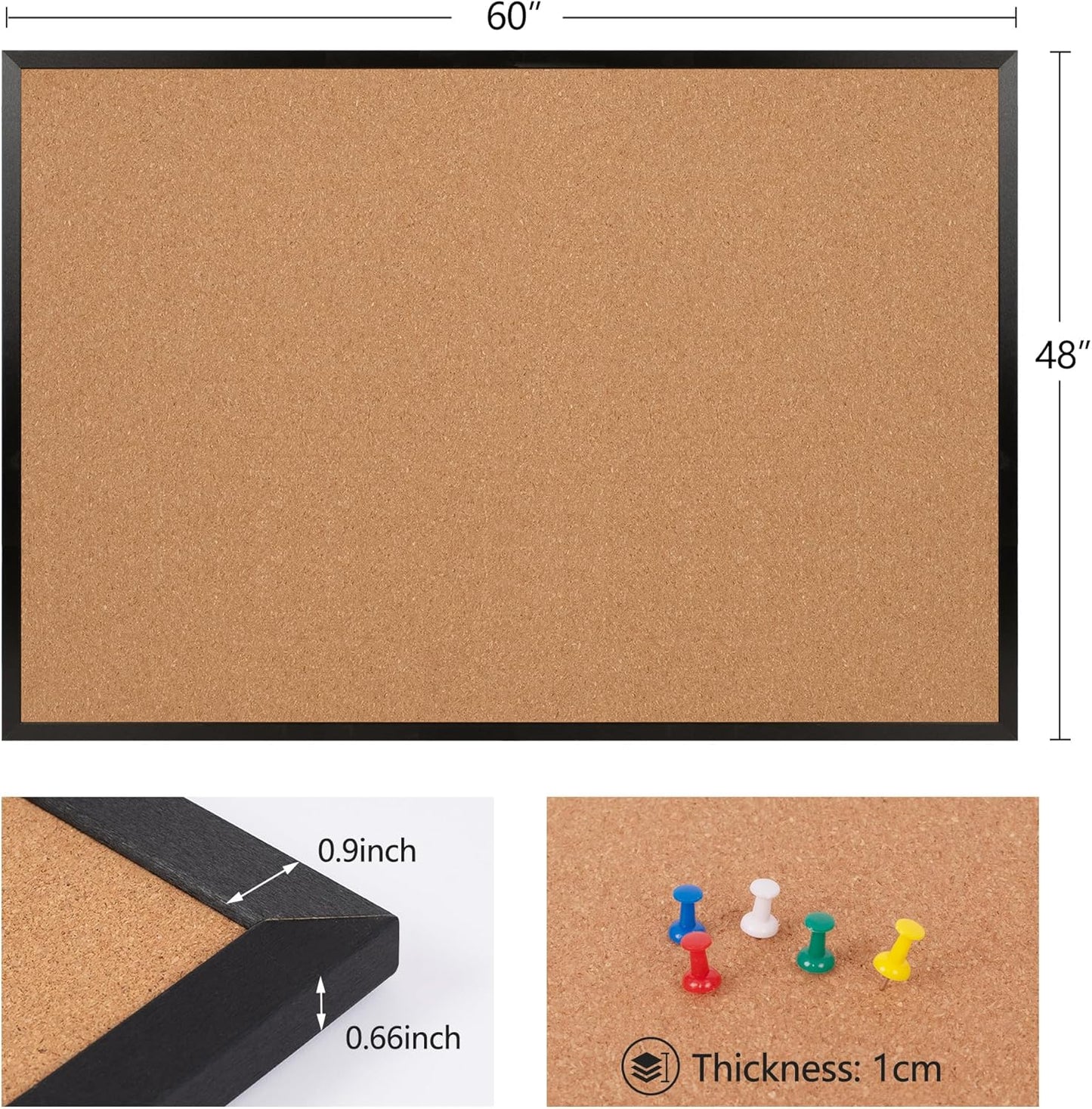 Board2by Extra Large Cork Bulletin Board 60" X 48", Black Wood Framed 5'x4' Corkboard for Wall, Wall Mounted Notice Pin Board with 18 Push Pins for School, Home & Office