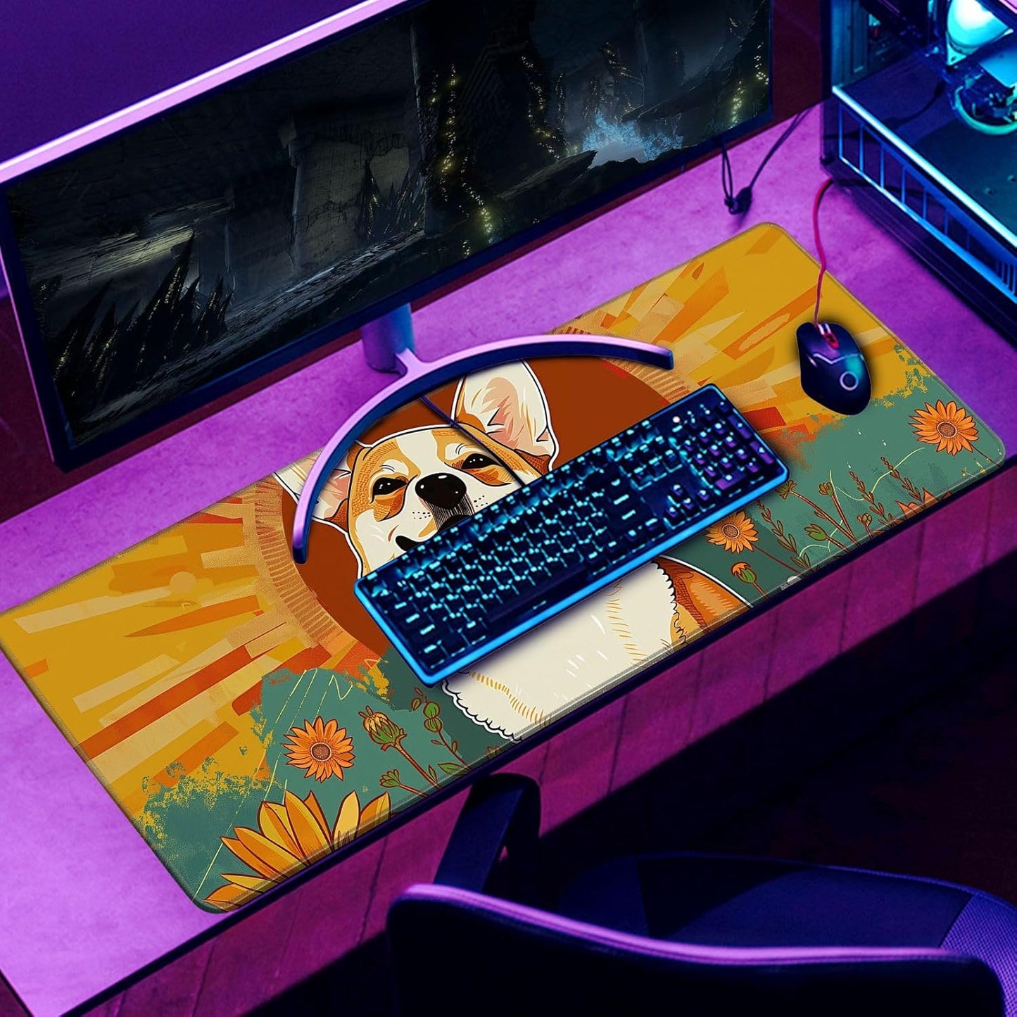 Cute Dog Mouse Desk Pad Kawaii Yellow Desk Mat Desk Decor Large Gaming Mouse Pad For Desk Mousepad Computer Office Keyboard Laptop Big Corgi Mouse Pad Xl(31.5x11.8 In)-With Non-Slip Base Stitched Eges