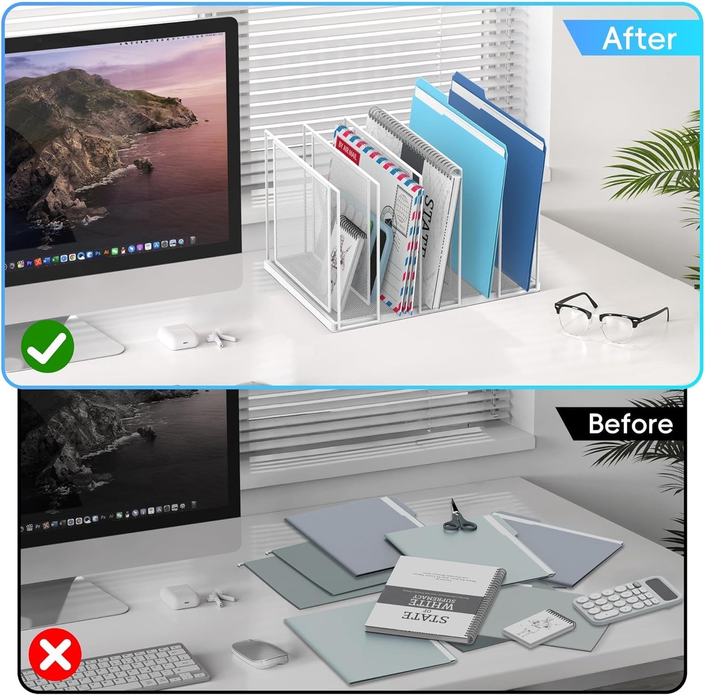 File Organizer for Desk, 5-Section Vertical File Sorter, Paper Holder Organizer Standing Metal File Folder for Office Home Classroom, White