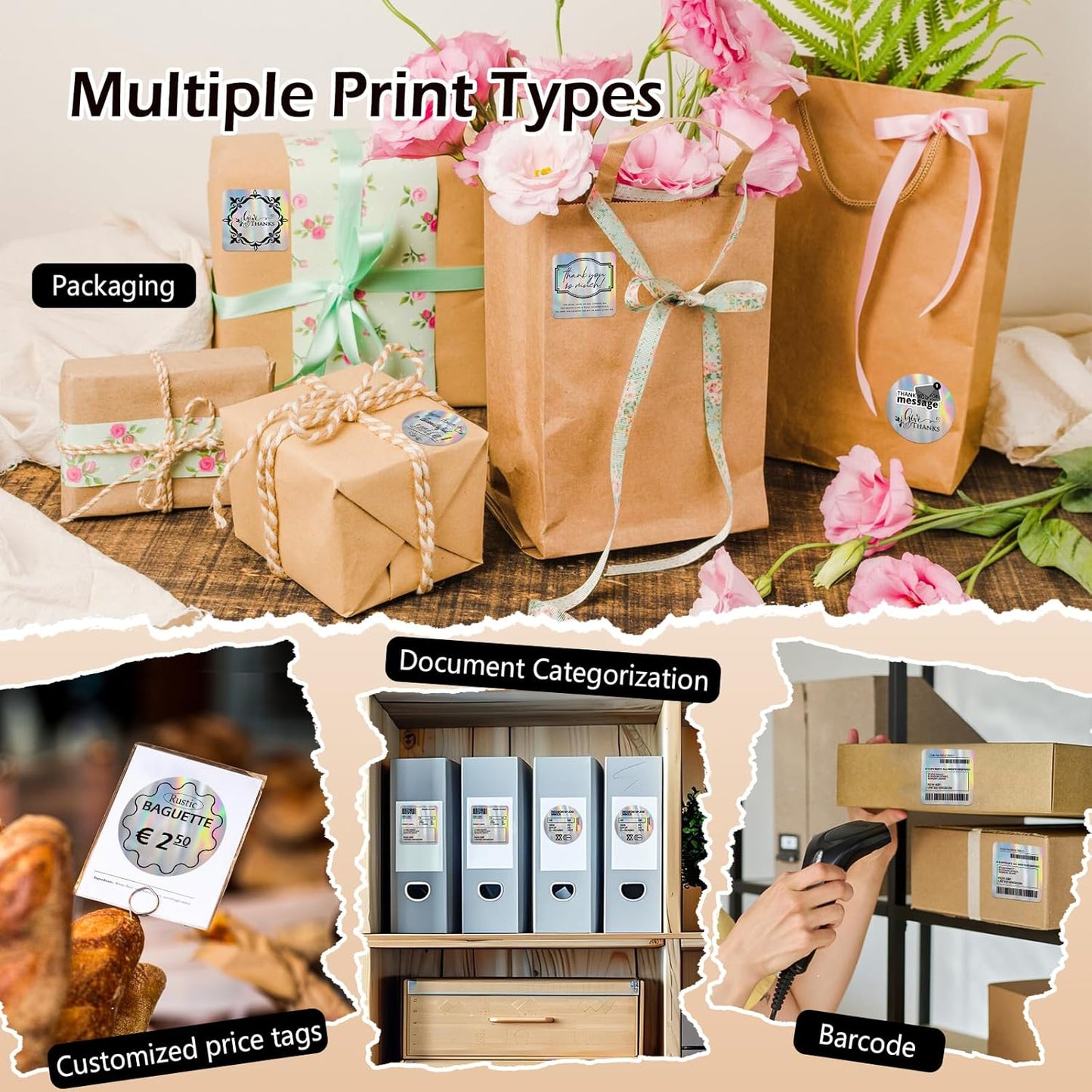 HuiJuKeJi 2 Rolls Holographic Silver Thermal Labels Paper for Phomemo M110 M200 M220 M221,50x50MM Round&Square,Waterproof Self-Adhesive Mini Printer Laser Stickers for DIY Glitter Labels/Thanks Card