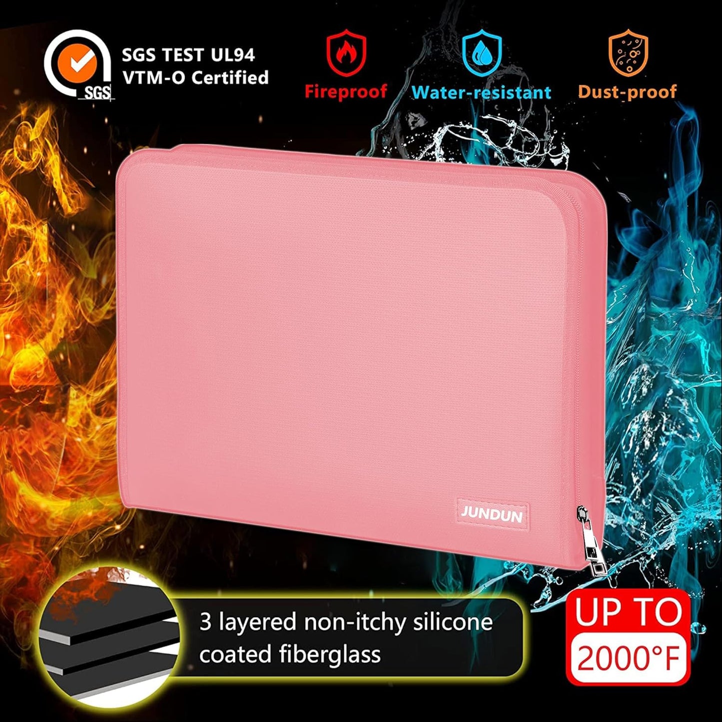 JUNDUN Accordion File Organizer - Fireproof Accordion Folder with Zipper & Labels - 12 Pocket Expanding File Folder with Multi-Pockets Paper Organizer Folder for Letter A4 Files and More (Pink)