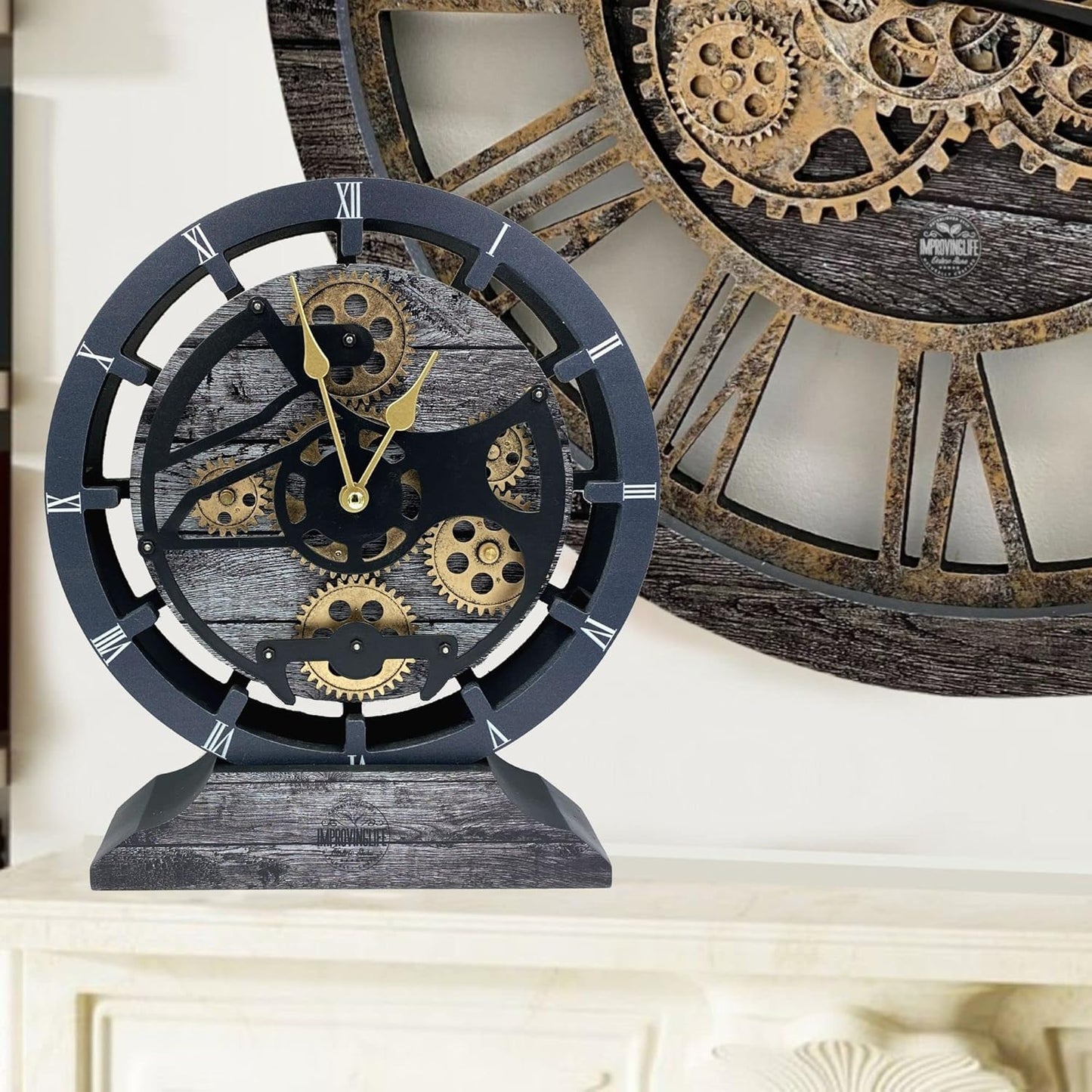 The Gears Clock Desk Clock 10 inches with Real Moving Gears Convertible into Wall Clock (Carbon Grey)