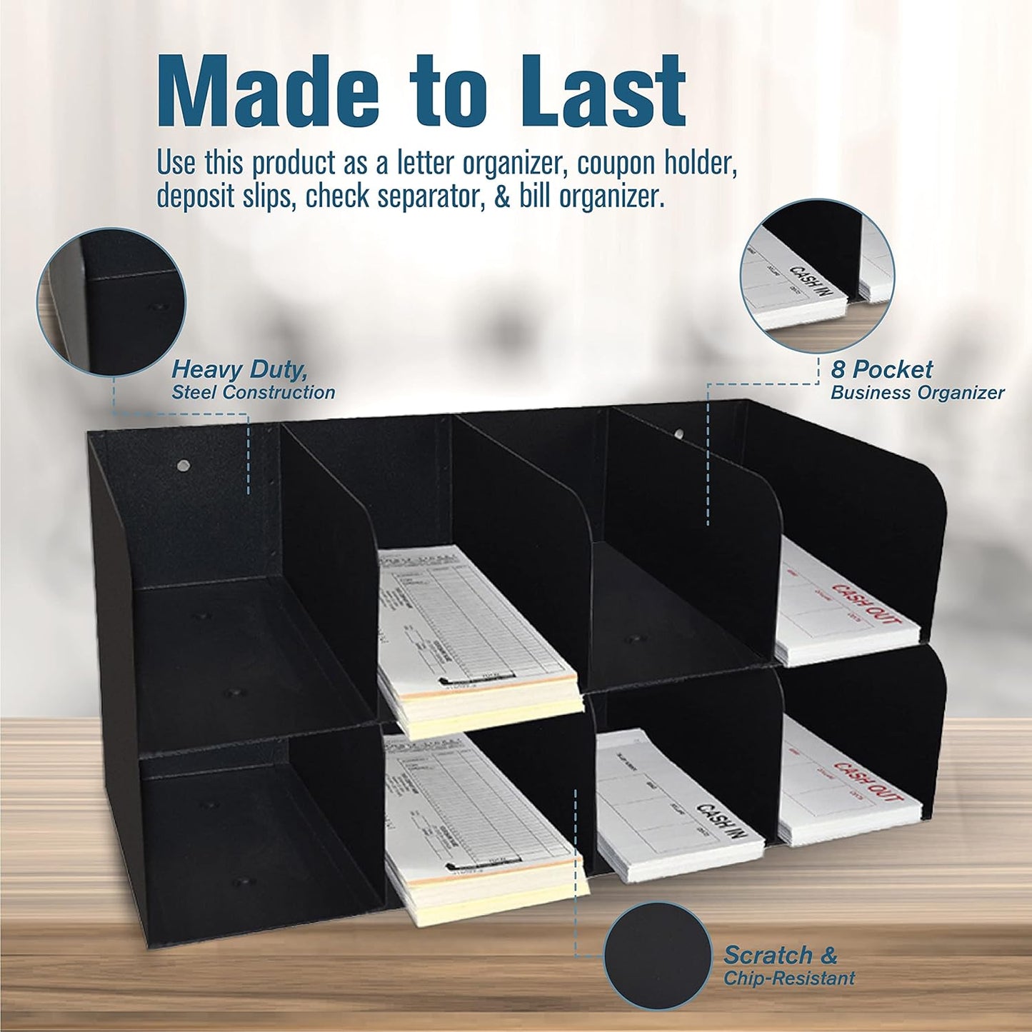 BankSupplies Check Sorter Organizer - 8 Pocket, 2-Tier Design - 4 Over 4-3 ¾” H x 16" W x 8" D - Scratch & Chip-Resistant Finish - Steel Construction - Pre-Drilled Holes - Document Organizer