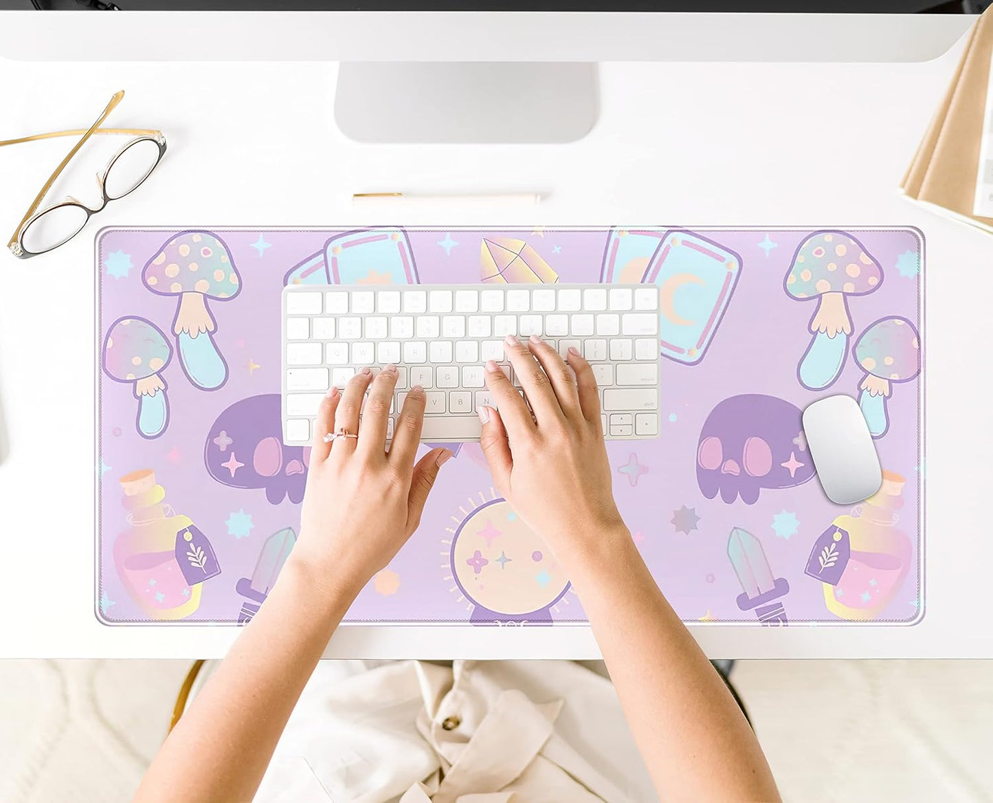 Kawaii Purple Desk Mat,Cute Witchy Elements Mouse Pad, Desk Pad Mystical Goth,XXL Gamig Desktop Mat,Extended Keyboard Mousepad Large for Computer Laptop,Girl Gamer Desk Decor 31.5''x15.7''