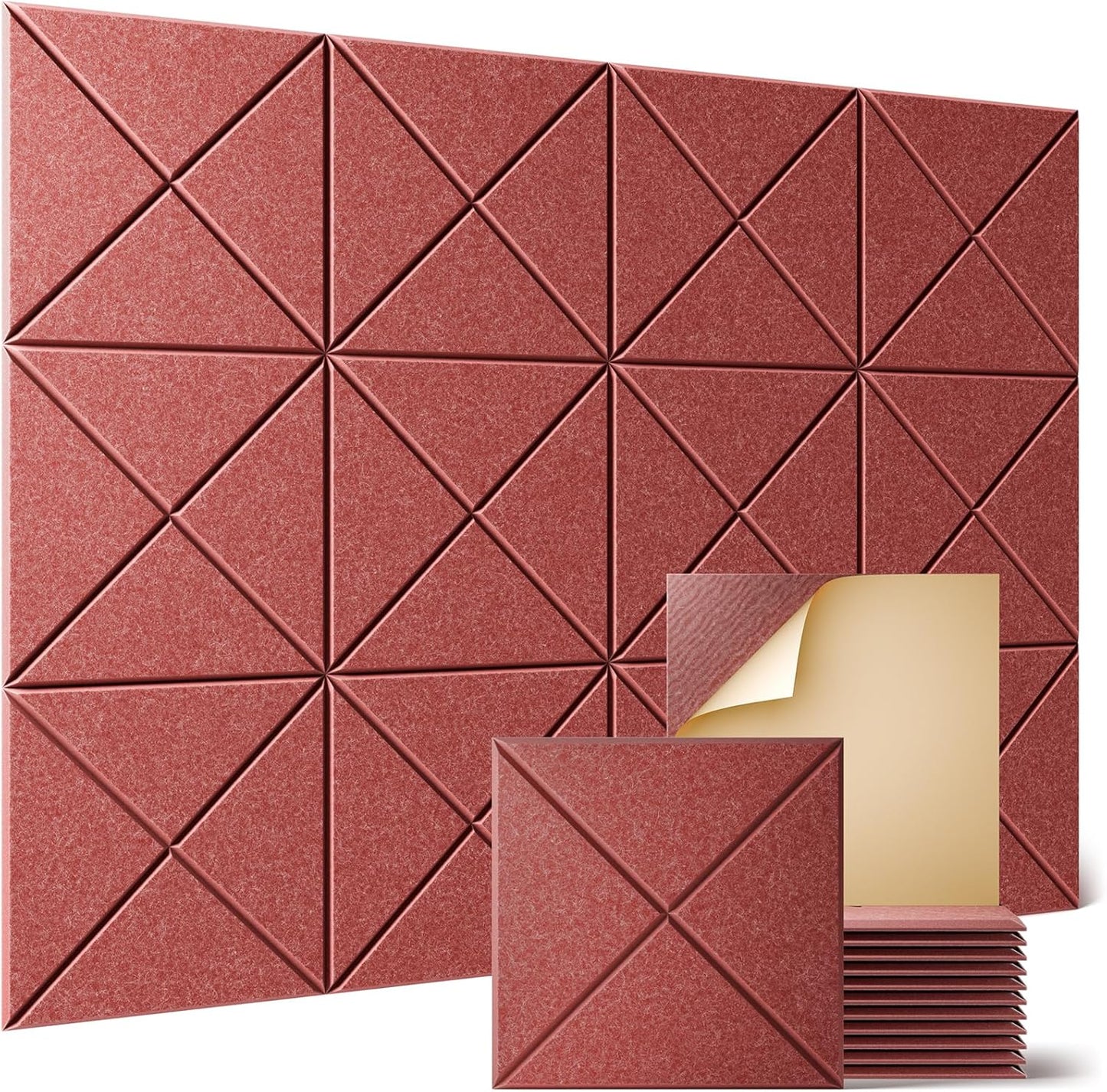 Sonicism 12 Pack X-Lined Acoustic Panels with Self-Adhesive, 12"X 12"X 0.4" Sound Proof Foam Panels, Decorative Soundproof Wall Panels, Sound Absorbing Tile for Home & Offices, Red