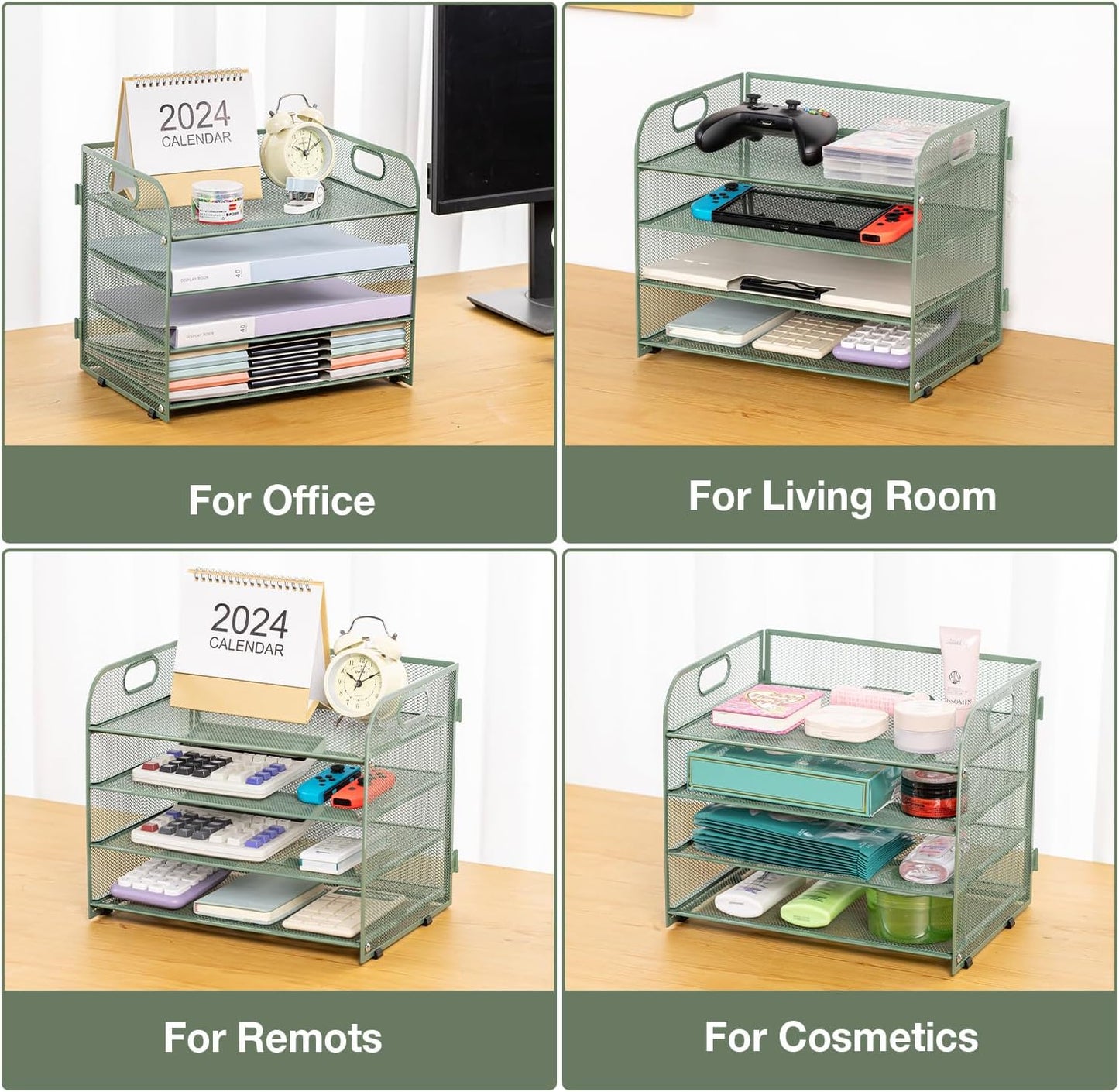 Green Mesh Letter Tray Paper Organizer with Handle - 4-Tier Desk Organizer for Office Supplies