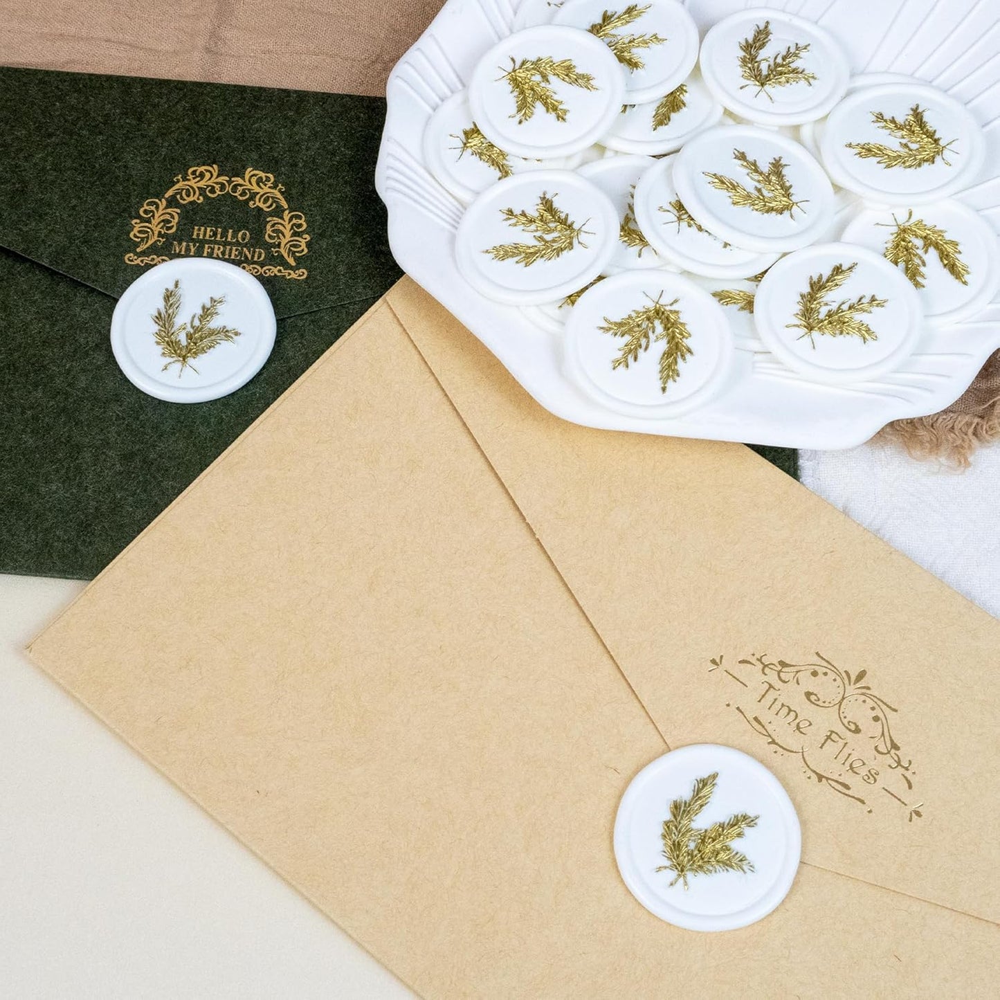 25Pcs Gold & White Wax Seal Stickers - Handmade Envelope Seals, Self Adhesive - Wedding, Party Invitations, Gift Wrap, Christmas - Gold Rosemary Style, White Wax