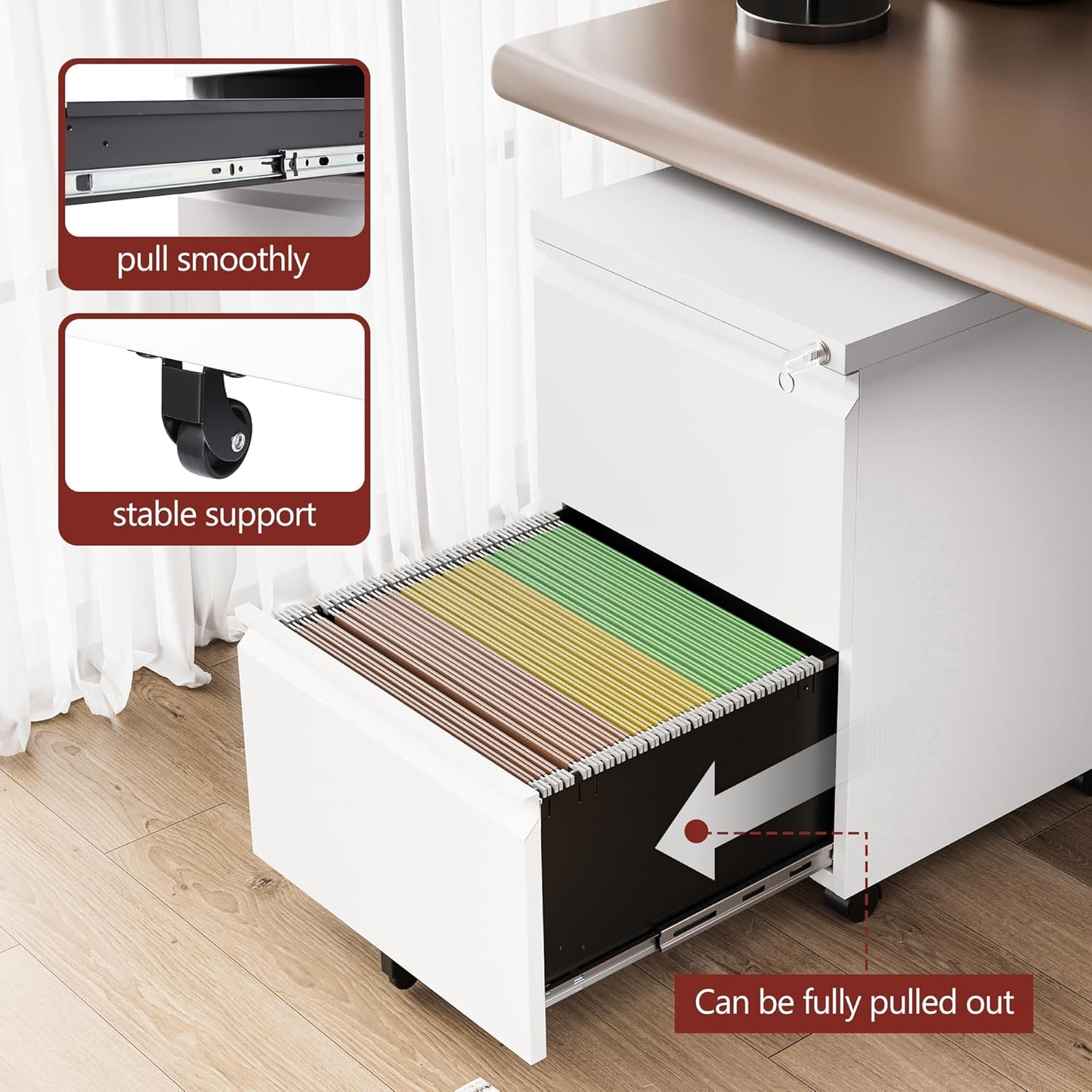 2 Drawer File Cabinet,Mobile Filing Cabinet with Lock and Wheels,Un-Assembled Metal Under Desk File Cabinets for A4/Letter/Legal Size(White