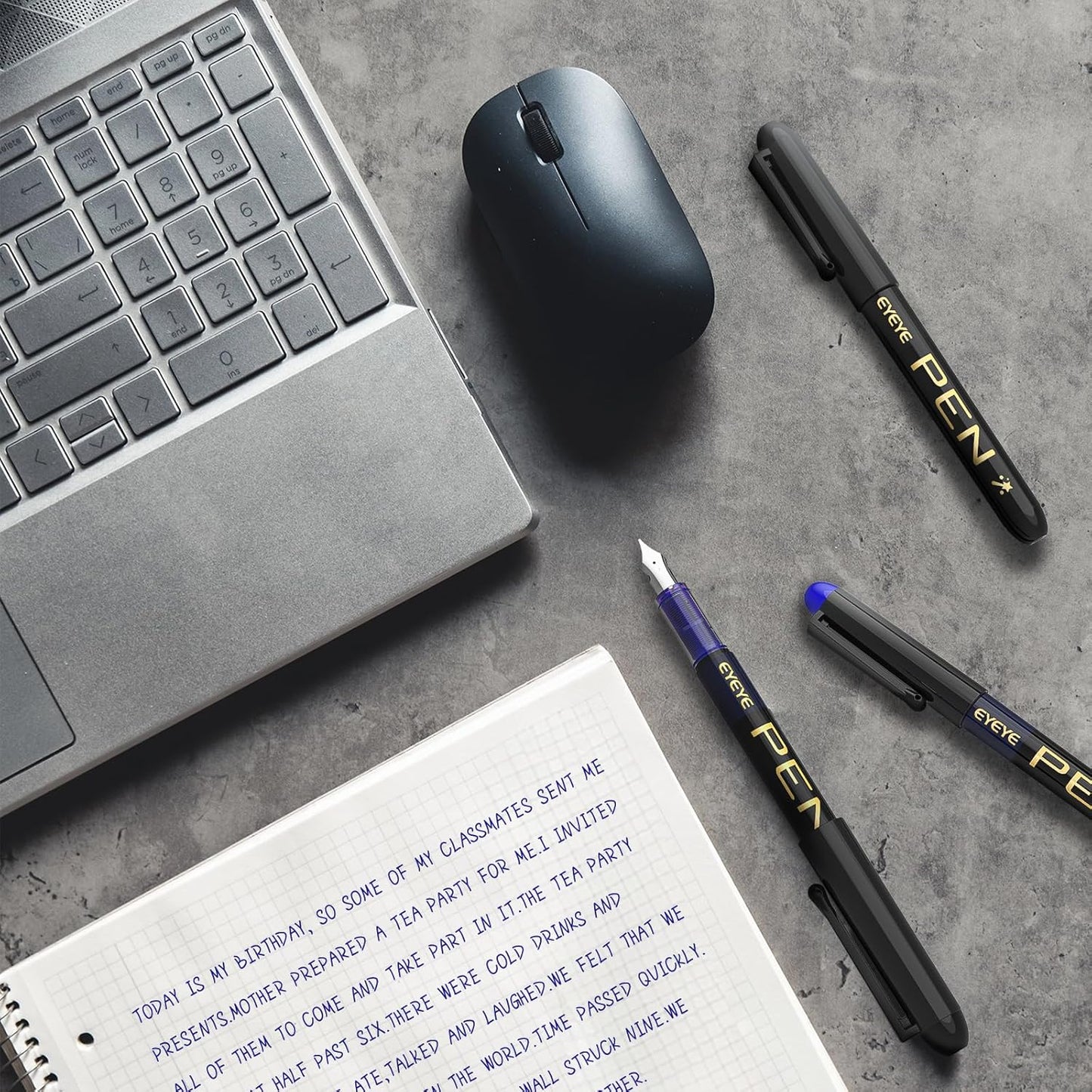 EYEYE Fountain Pens for Writing, 8 Pack Blue Fine Point Pens Disposable Fountain Pens Stainless Steel Nib, Smooth Writing for Calligraphy, Journaling, Drafting, Sketching, Doodling & Office Supplies