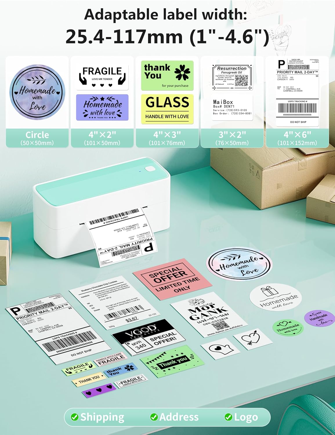 Phomemo Bluetooth Thermal Shipping Label Printer, 241BT Wireless Thermal Label Printer for Shipping Packages, Inkless Thermal Shipping Label Printer, Compatible with iPhone, Android, Green