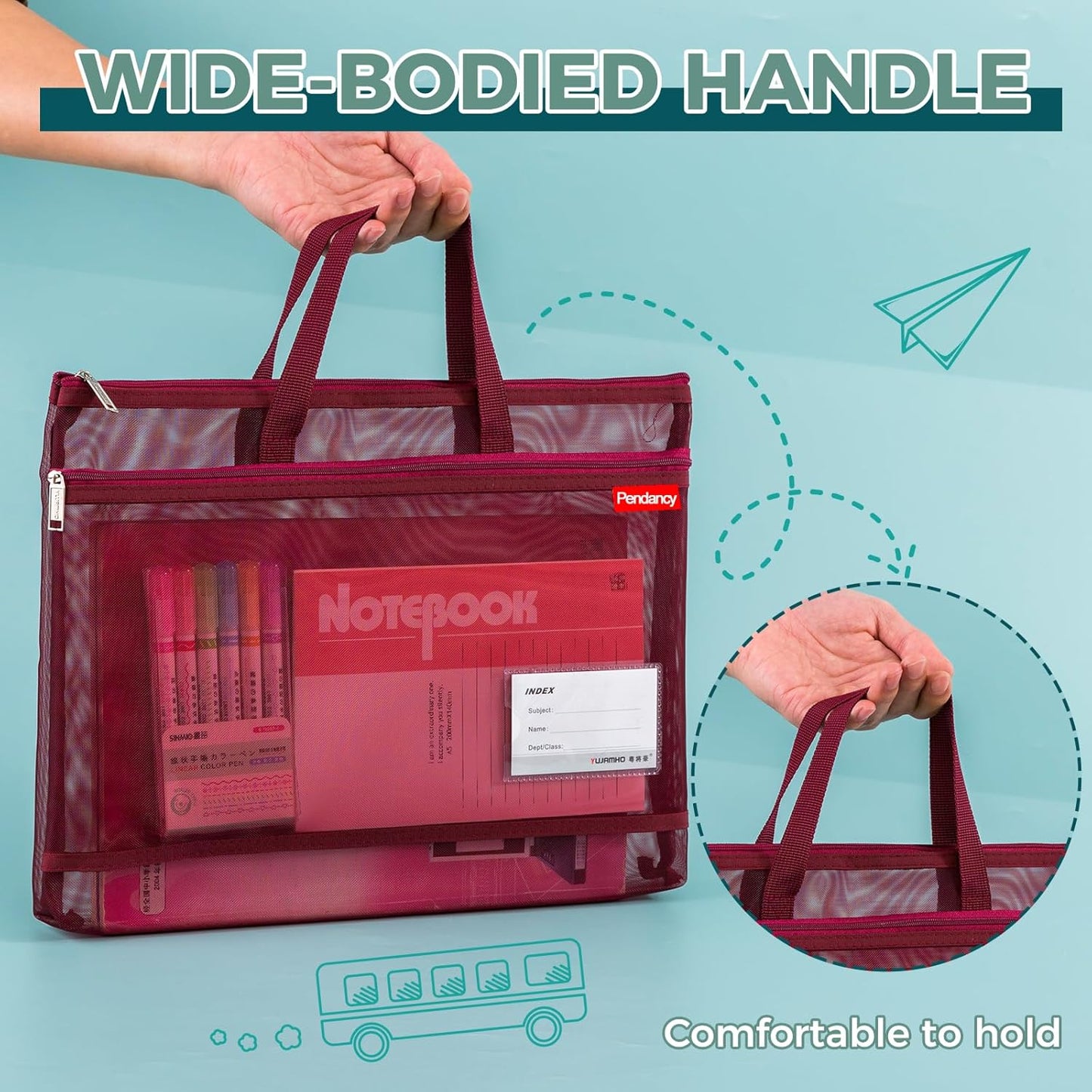 Pendancy Mesh Zipper Pouch A4 Size, Large Double Pocket Lightweight Nylon Transparent File Bag with Handle, 11x13.8 in Foldable Document Storage for Puzzle Project/Cross Stitch/Travel/Office (Red)