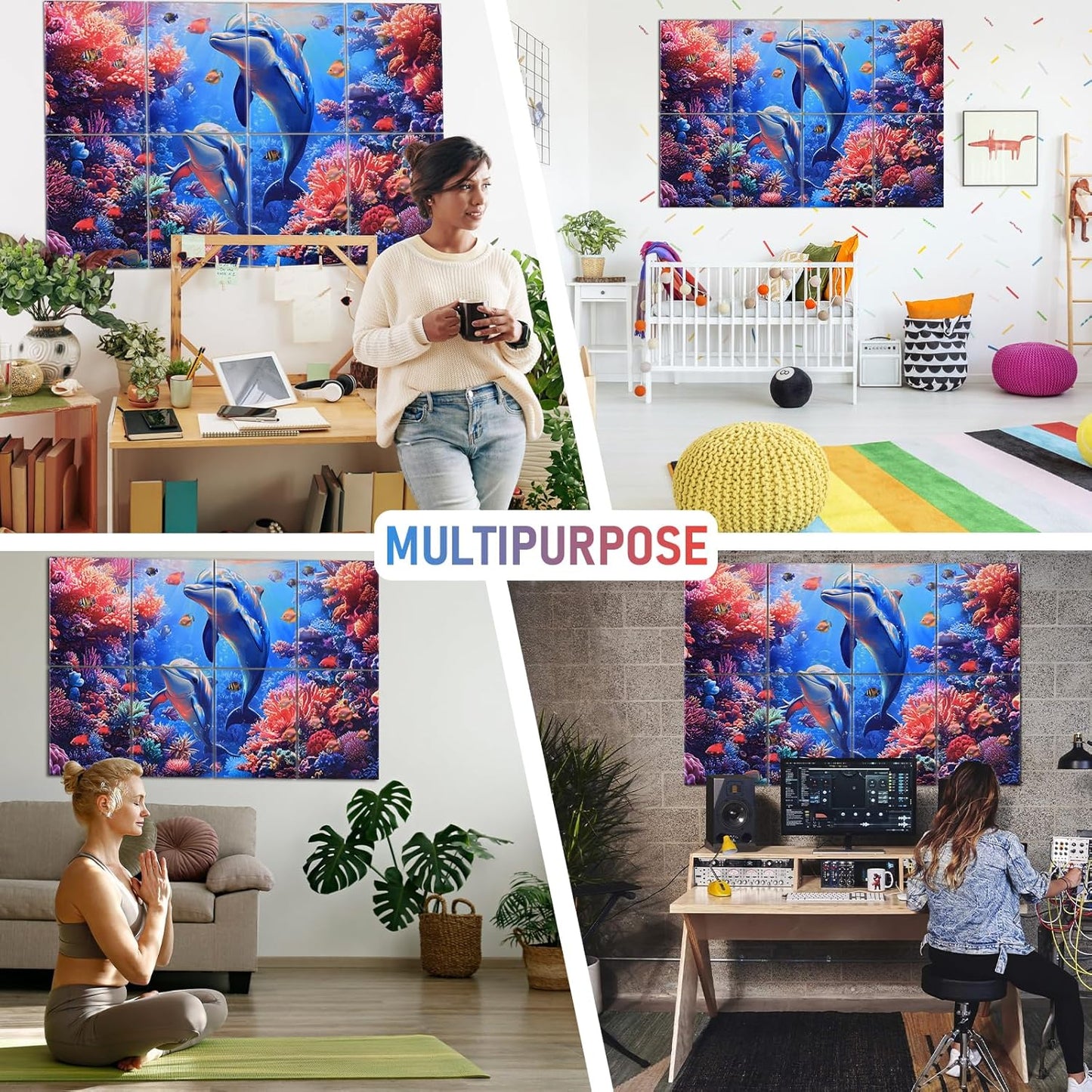 8 Pack Acoustic Panels,48"X32" Soundproof Wall Panels, Self Adhesive Sound Absorbing Wall Art,Decorative Sound Dampening Panels, Art Acoustic Treatment for Studio, Bedroom, Office(Dolphin)