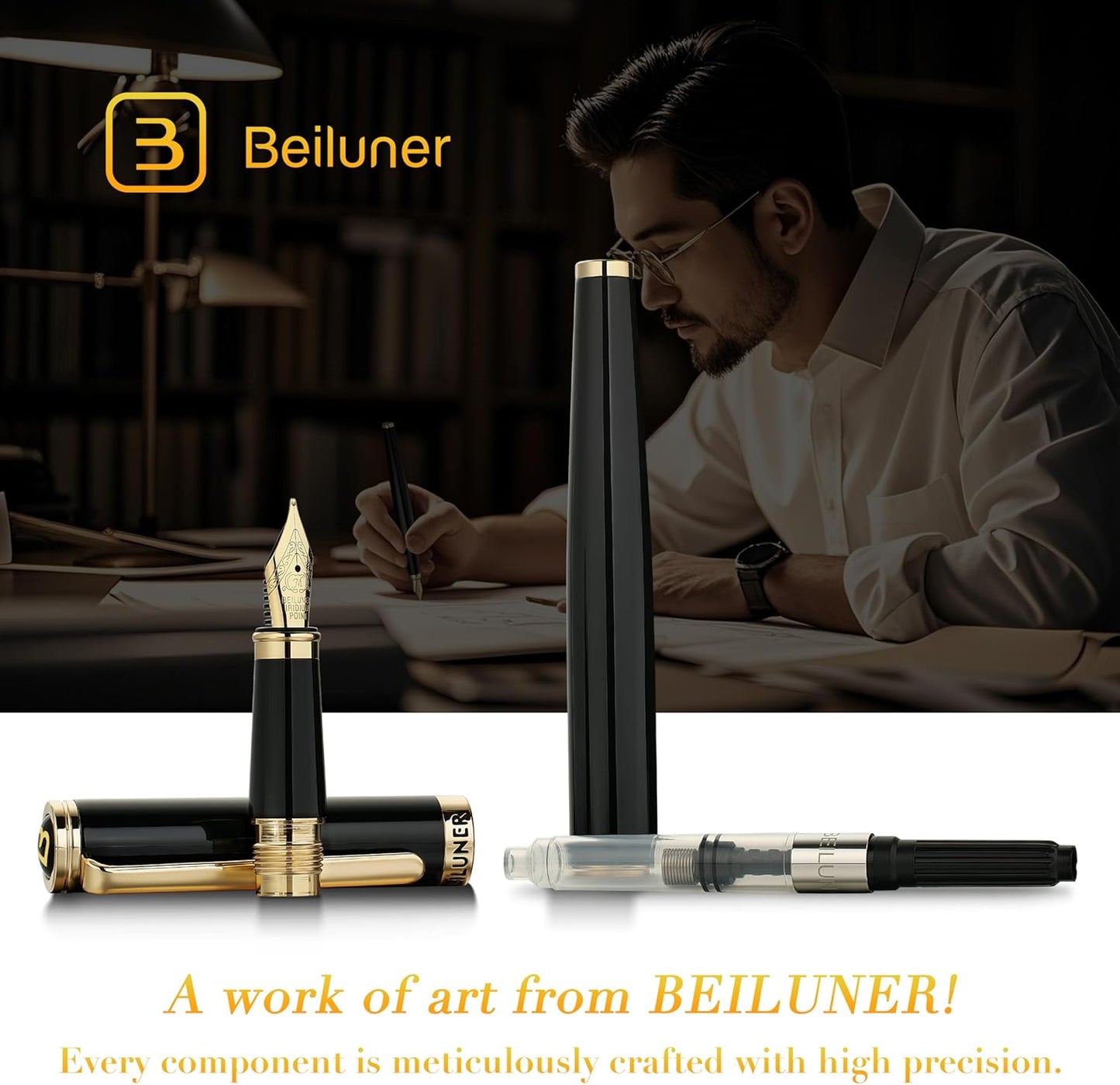 BEILUNER Black Fountain Pen,Stunning Luxury Piano Lacquer,24K Gilded Nib(Medium),Gorgeous 24K Gold Finish,Ink Converter, Gift for Men&Women-Elegant, Reliable, Office, Professional Pens for Writing