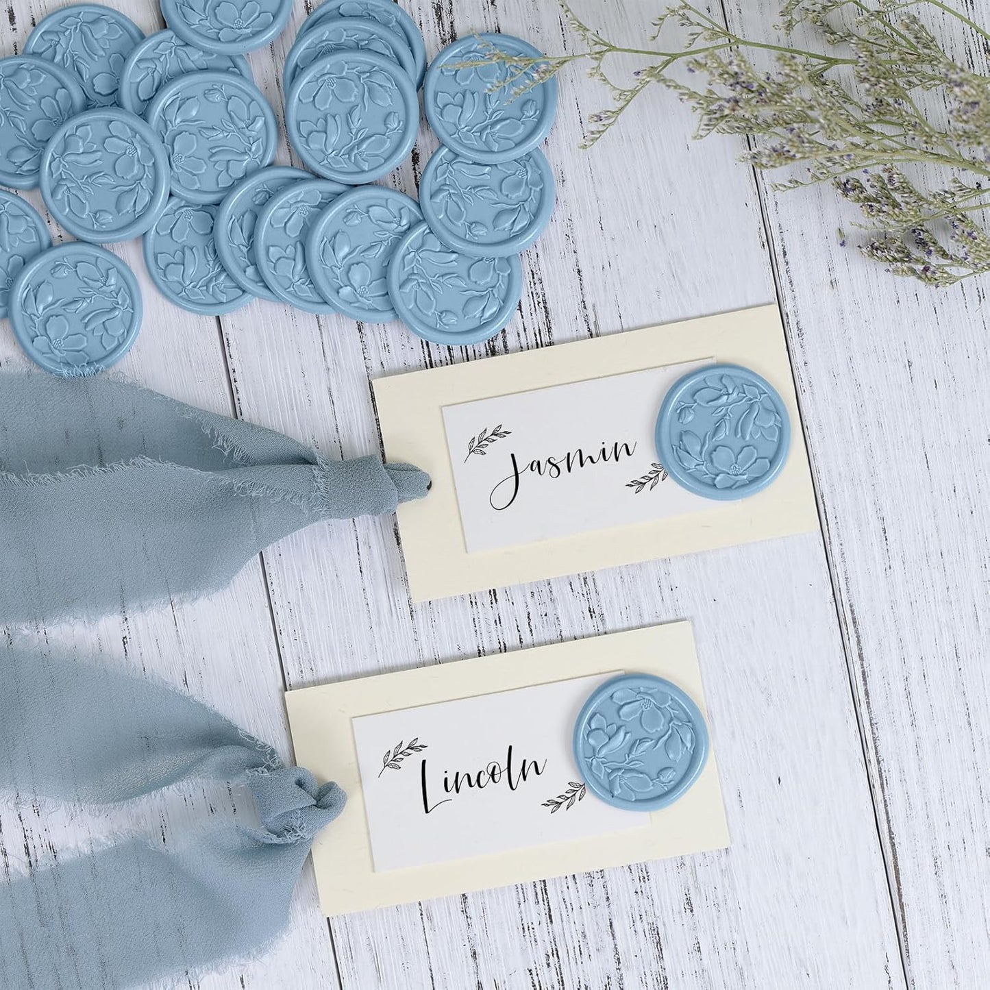 UNIQOOO Wax Seal Stickers - 3D Magnolia Wedding Invitation Envelope Botanical Seal Stickers, 50 Pcs Self- Adhesive Dusty Blue Stickers, Perfect for Invitation, Christmas, Gift Wrapping, Party