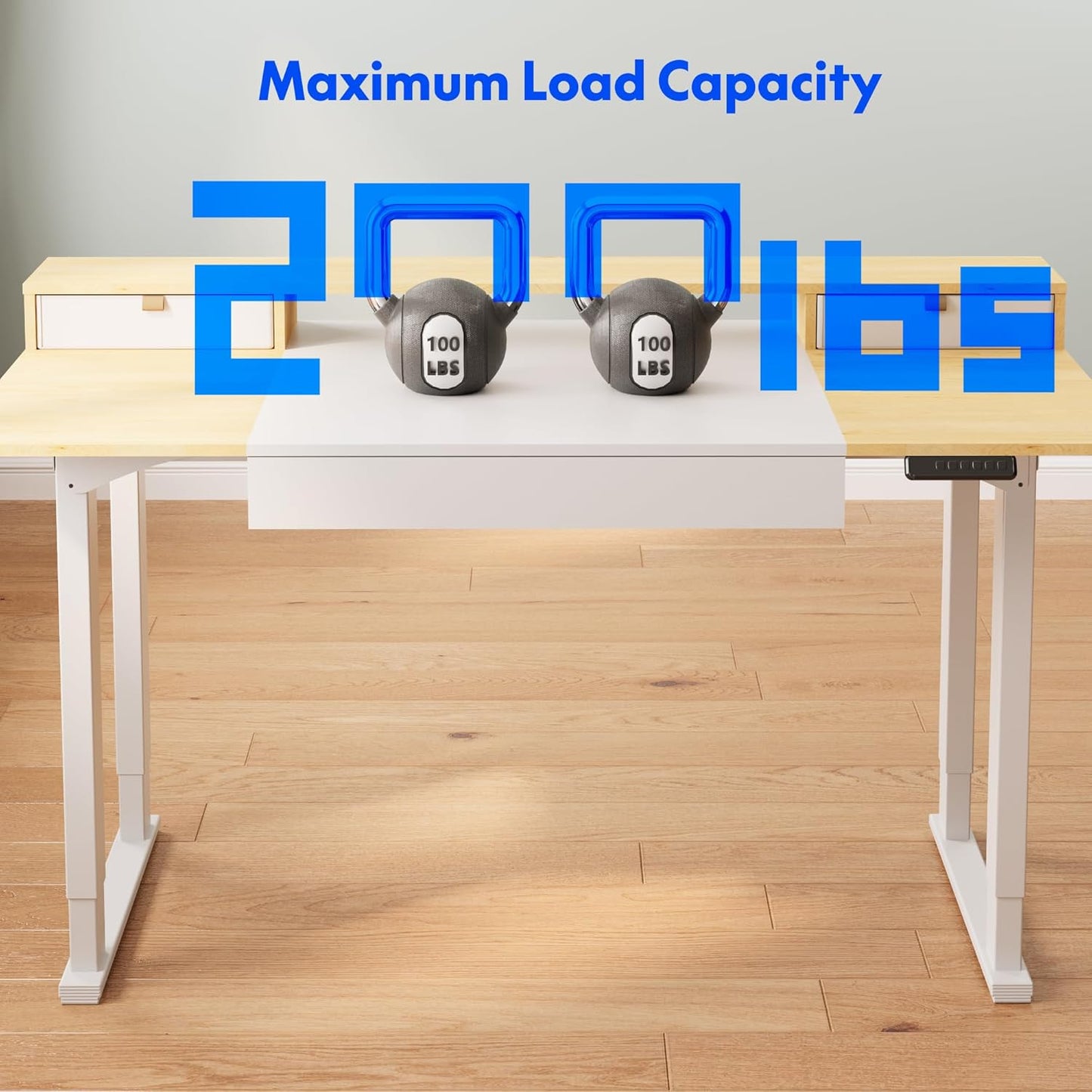 FLEXISPOT 4-Leg Standing Desk with Storage 63x32 in Electric Adjustable Height with 3 Drawers & Shelving Home Office Workstation (White + Maple Top)