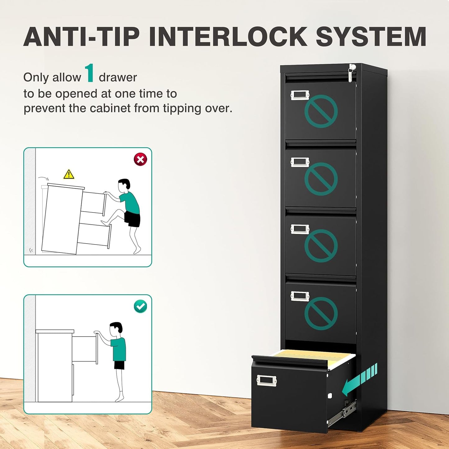 SISESOL 5 Drawer File Cabinet with Lock,15" Narrow Vertical File Cabinet Five drawer,Tall Office Filing Cabinets,Black Metal Filing Cabinets for Home Office,Fit A4,Legal,Letter Size,-Assembly Required