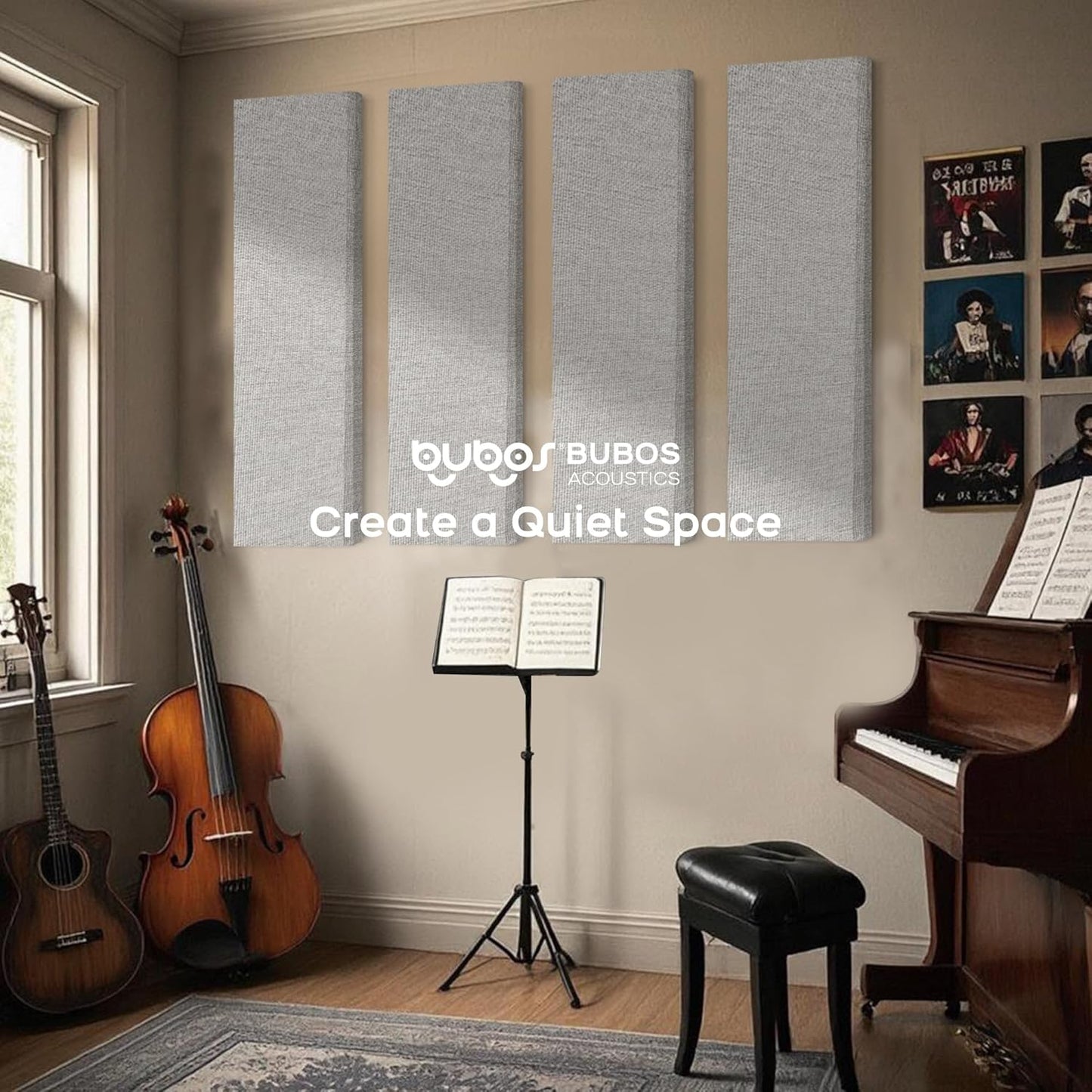 BUBOS 2 PCS Acoustic Panels,47.2''x11.8'' Fabric Soundproof Wall Panels,Self-adhesive Sound Absorbing Panels for Studios, Office, Home Theater, Fabric-Clad-N Light Grey