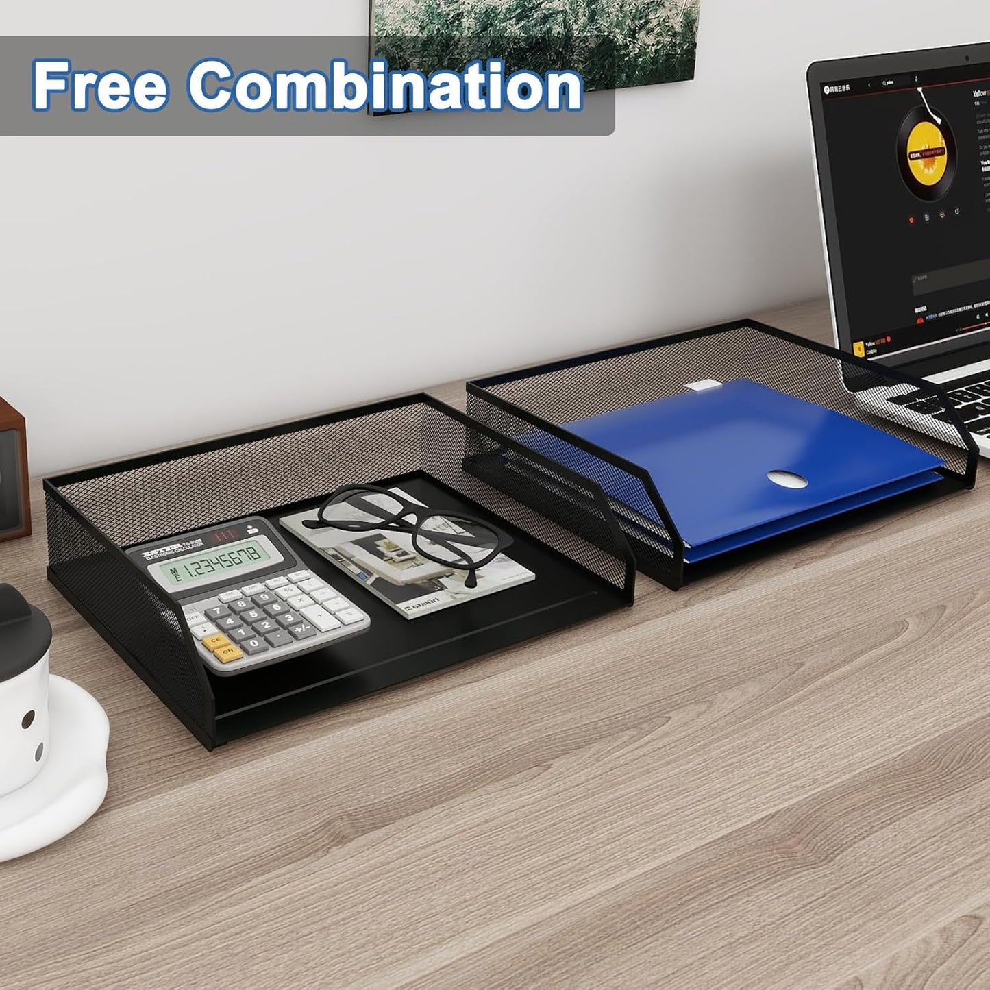 Natwind 2-Tier Stackable Paper Tray, Metal Mesh Desktop Organizer, A4 Desk Organizer, Stackable Letter Trays,File Folder Sorter Organizer with Sliding Tray for Home, Office, School (Black)