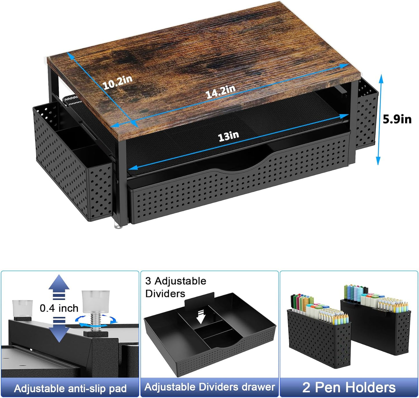 Desk Organizer and Accessories, Computer Monitor Stand Riser with Drawer and 2 Pen Holders, Office Desk Accessories & Workspace Organizers for Office Supplies (Wood)