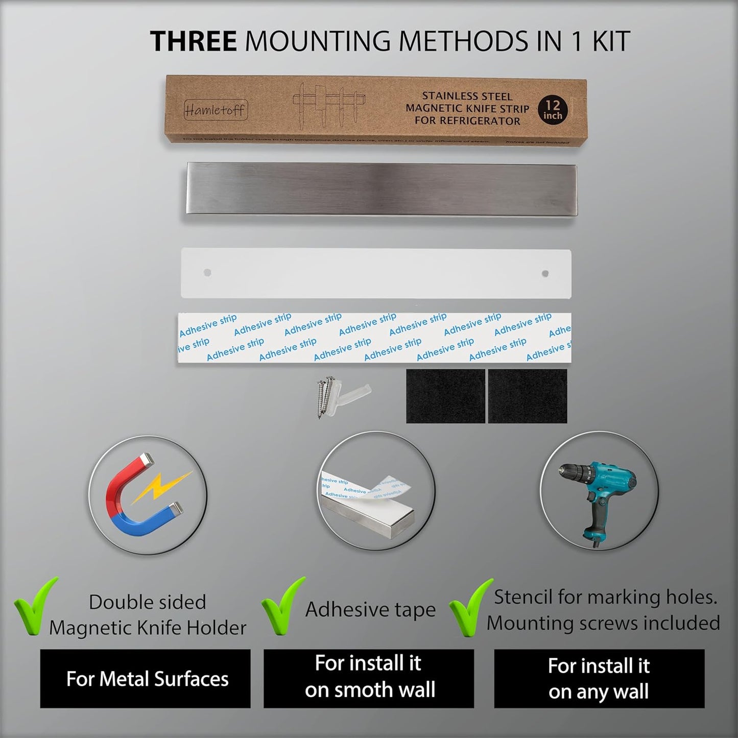 Magnetic Knife Holder for Refrigerator – 12 Inch Professional Double Sided Magnetic Knife Strip for Fridge - Stainless Steel Magnetic Knife Holder for Wall Self Adhesive