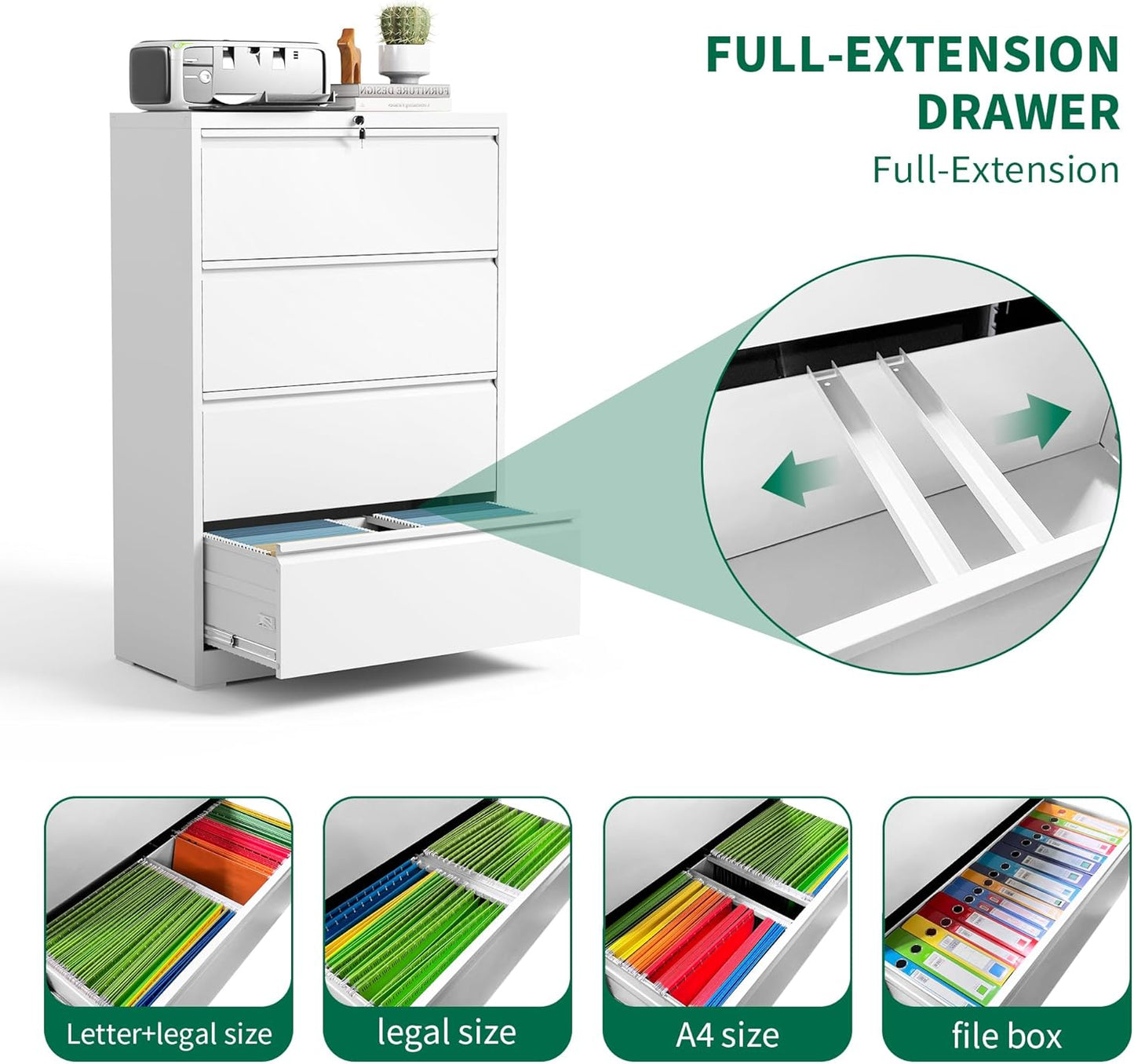 4 Drawer Lateral File Cabinet, Metal Filing Cabinets for Home Office, Steel Storage Wide File Cabinet for Letter/Legal/F4/A4 Size with Hanging Bars, Assembly Required (White)