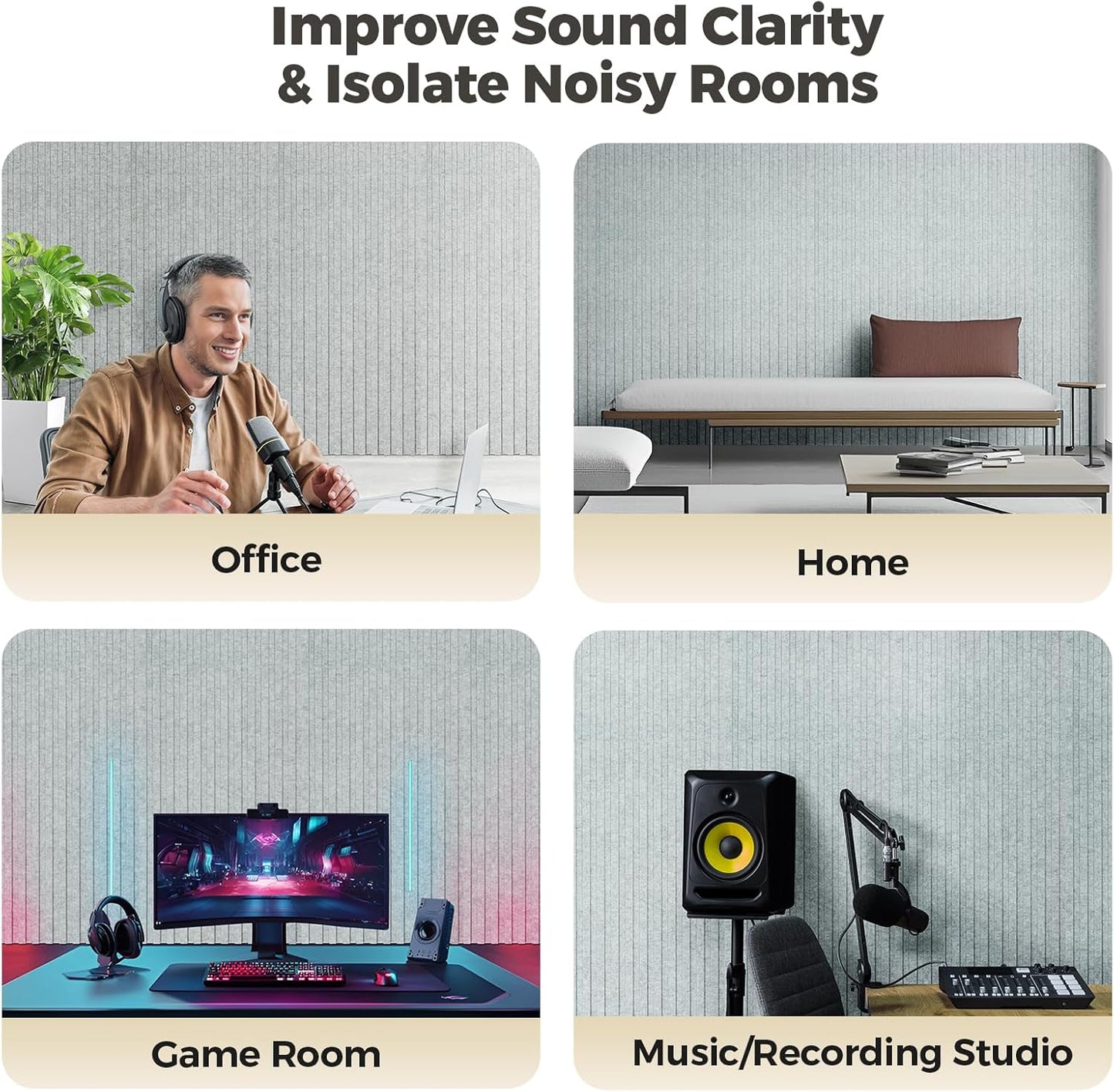 4-Pack Bilayer Acoustic Wall Panels Large Self-adhesive, 47.2” * 23.6” * 0.71” Soundproof Wall Panel, Acoustical Barrier of Polyester Fiber, Decorative Panels for Home&Office,Grey+Grey