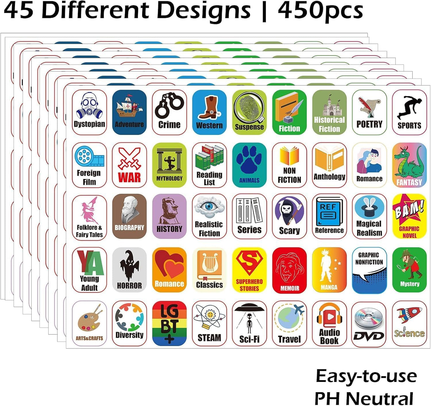 45 Genre Book Spine Labels for Library | Set of 450 Classroom Library Classification Stickers