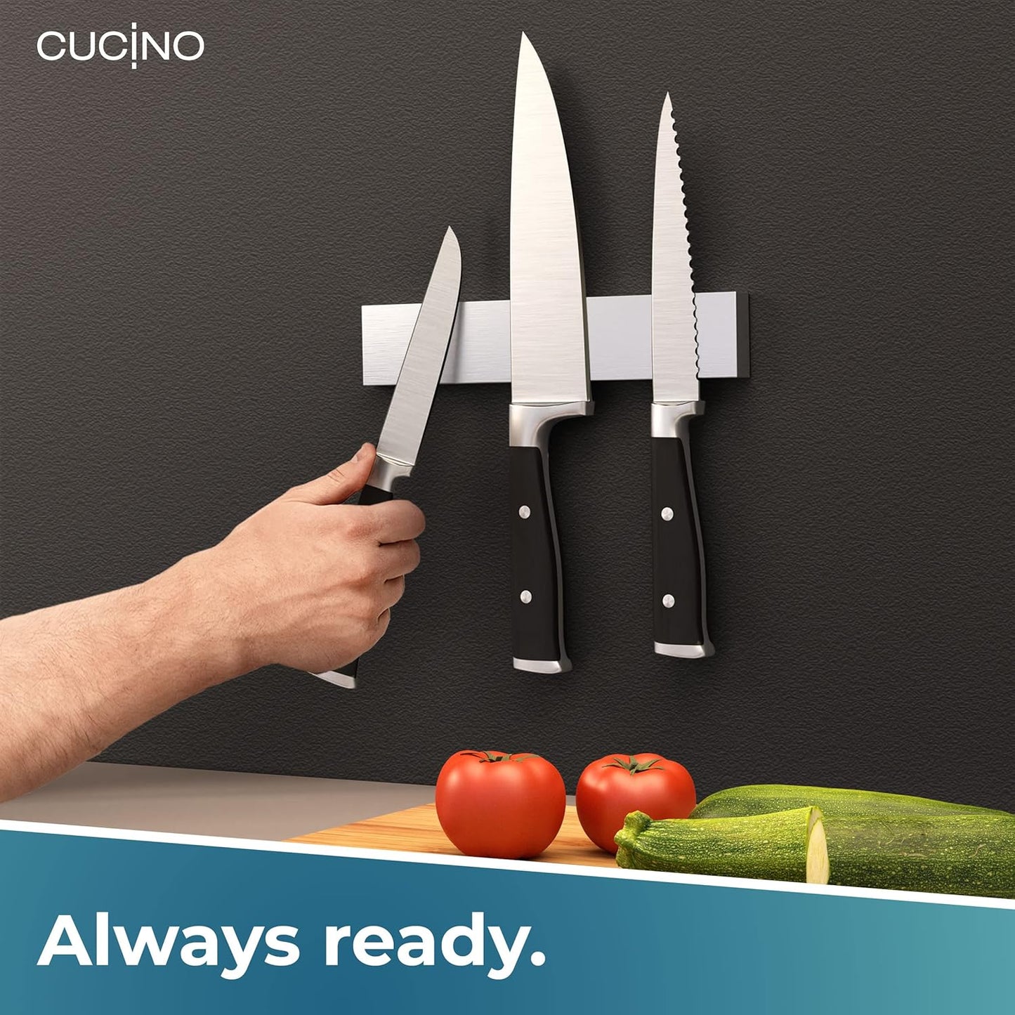 CUCINO Magnetic Knife Holder for Wall 10" No Drilling incl. Self Adhesive Tape - Extra strong Knife Holder - Awarded Knife Magnetic Strip - Made of Stainless Steel