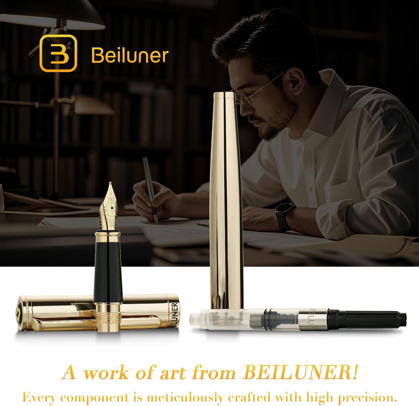 BEILUNER Gold Fountain Pen,Stunning Luxury Pens with 24K Gold Finish, Gorgeous 24K Gilded Nib(Medium), Ink Converter,Fancy Pen Gift for Men&Women-Elegant, Office, Professional, Reliable, Nice Design