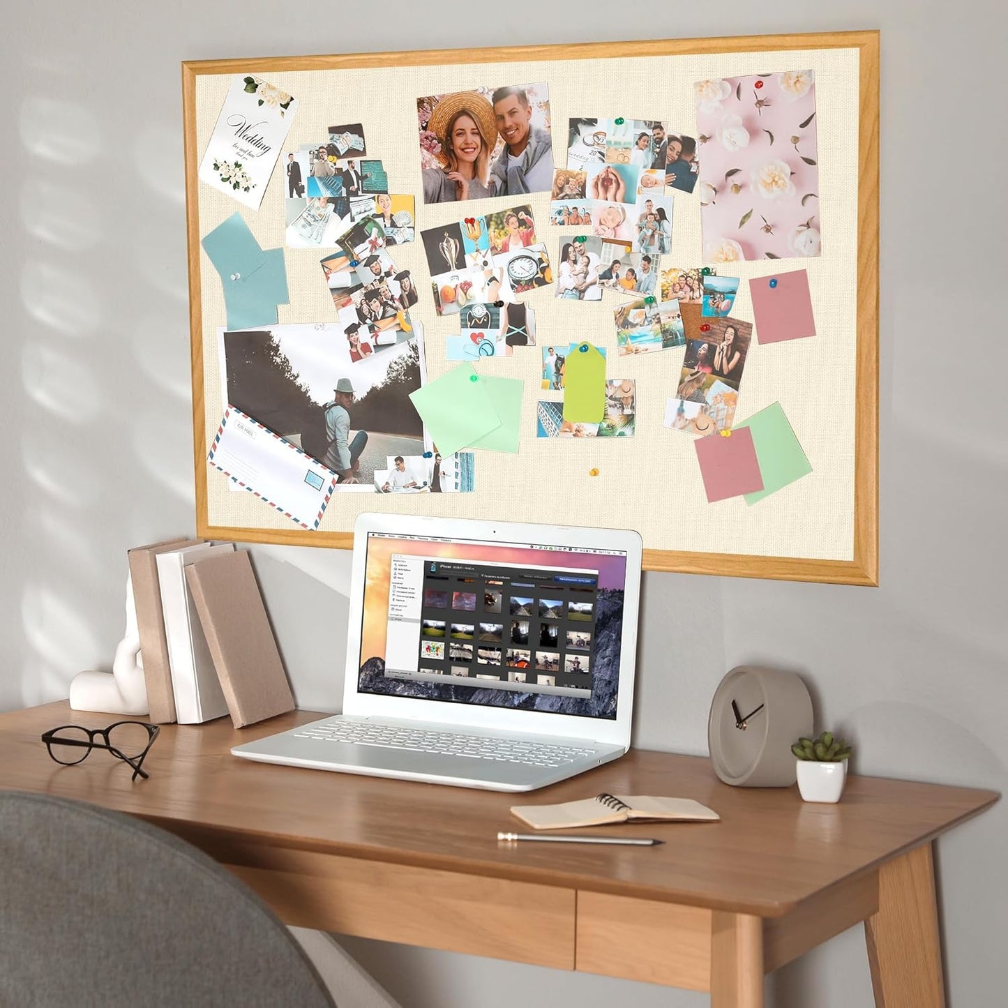 SHANTRA 36 x 24 Inch Bulletin Board with Beige Fabric, Wood Framed Canvas Cork Board, Corkboard for Walls with 10 Pins, Decorative Vision Board, Wall Mounted Notice Board for Home, Office, School