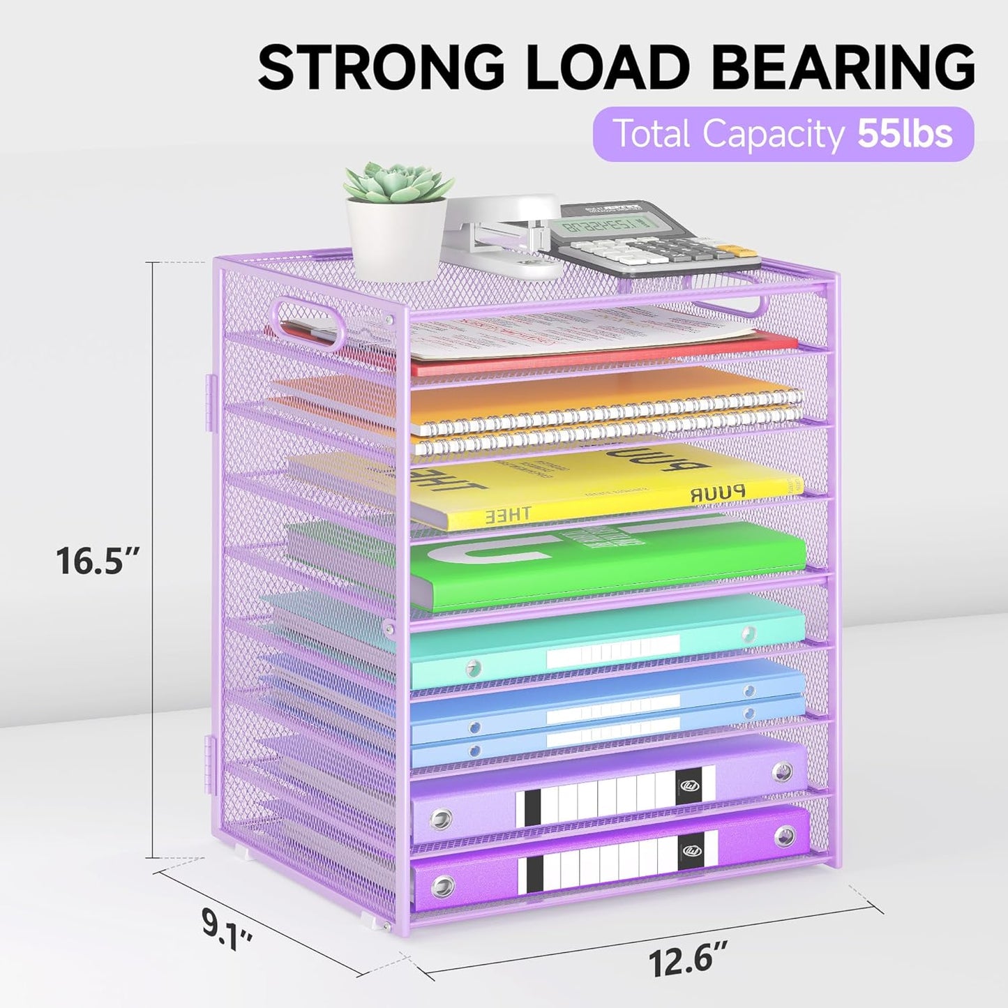 9 Tier Paper Organizer with Handle, Large Capacity Desk Organizer Mesh File Folder Letter Paper Tray Desktop Document Sorter for Classroom, School, and Office Accessories Organization- Purple